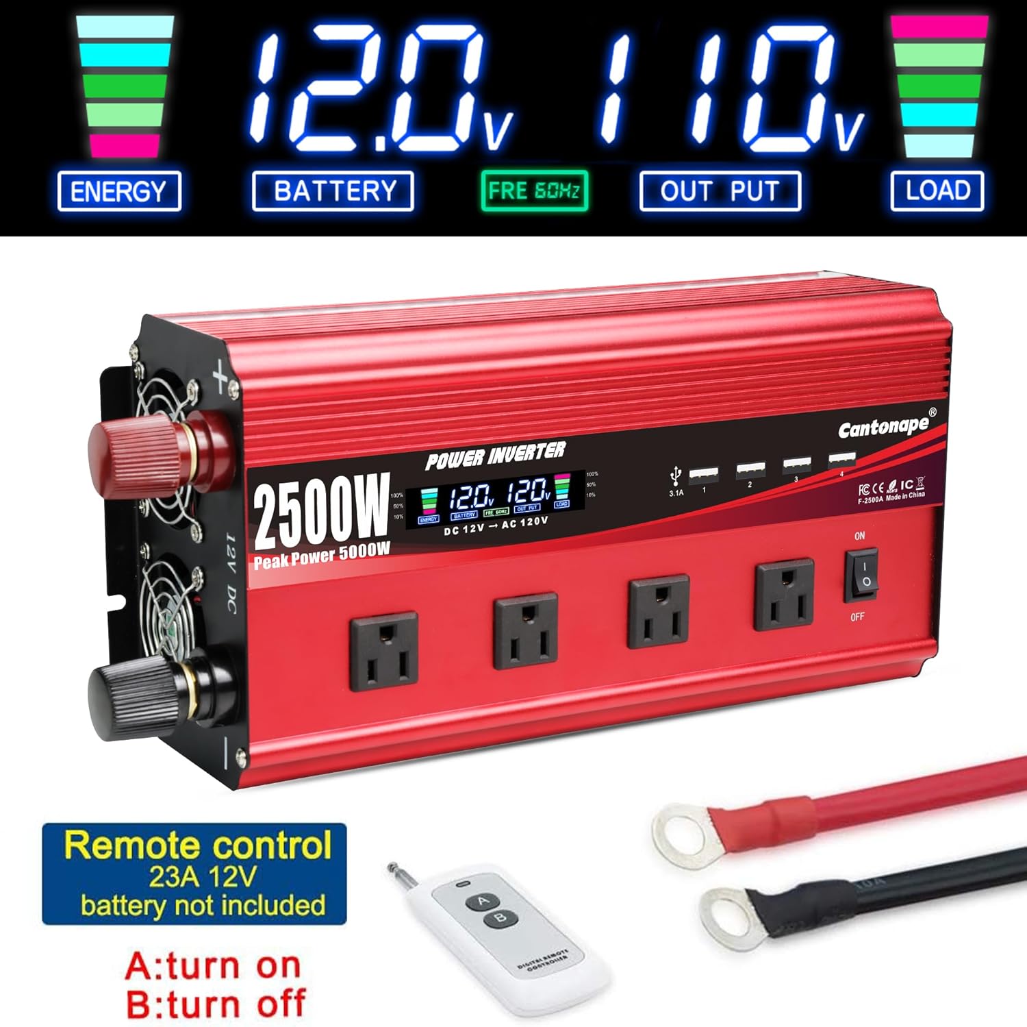 Cantonape 2500W Power Inverter 12V to 110V/120V DC to AC with LCD Display, Remote Controller 4 x AC Outlets and 4 x 3.1A USB Car Adapter for Car Truck Boat RV Solar System