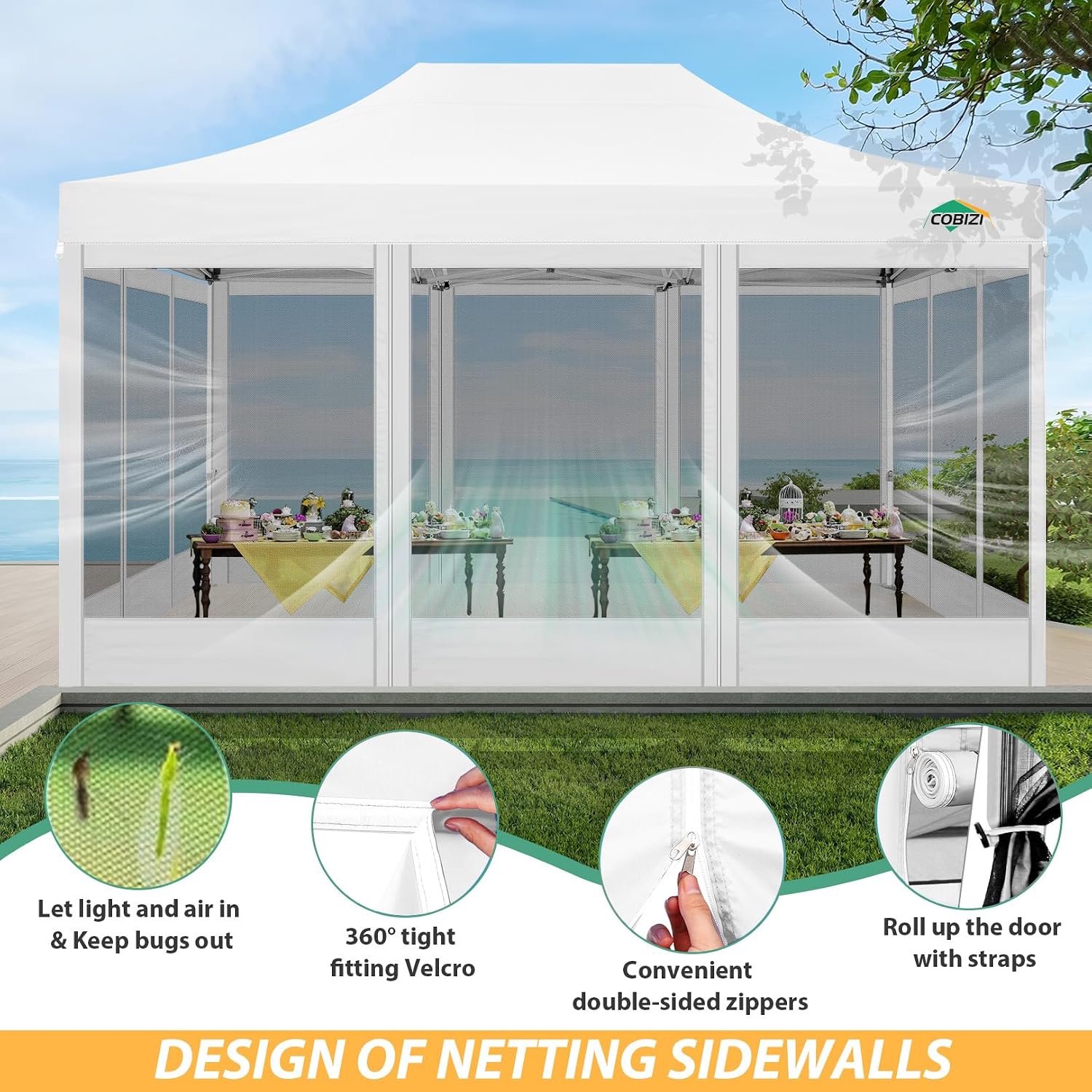 COBIZI 10x15 Canopy Tent with 4 Sidewalls,Heavy Duty Pop up Canopy with Mosquito Netting,Easy up Screen Canopy for Parties Wedding Patio Tent with Handbag,White