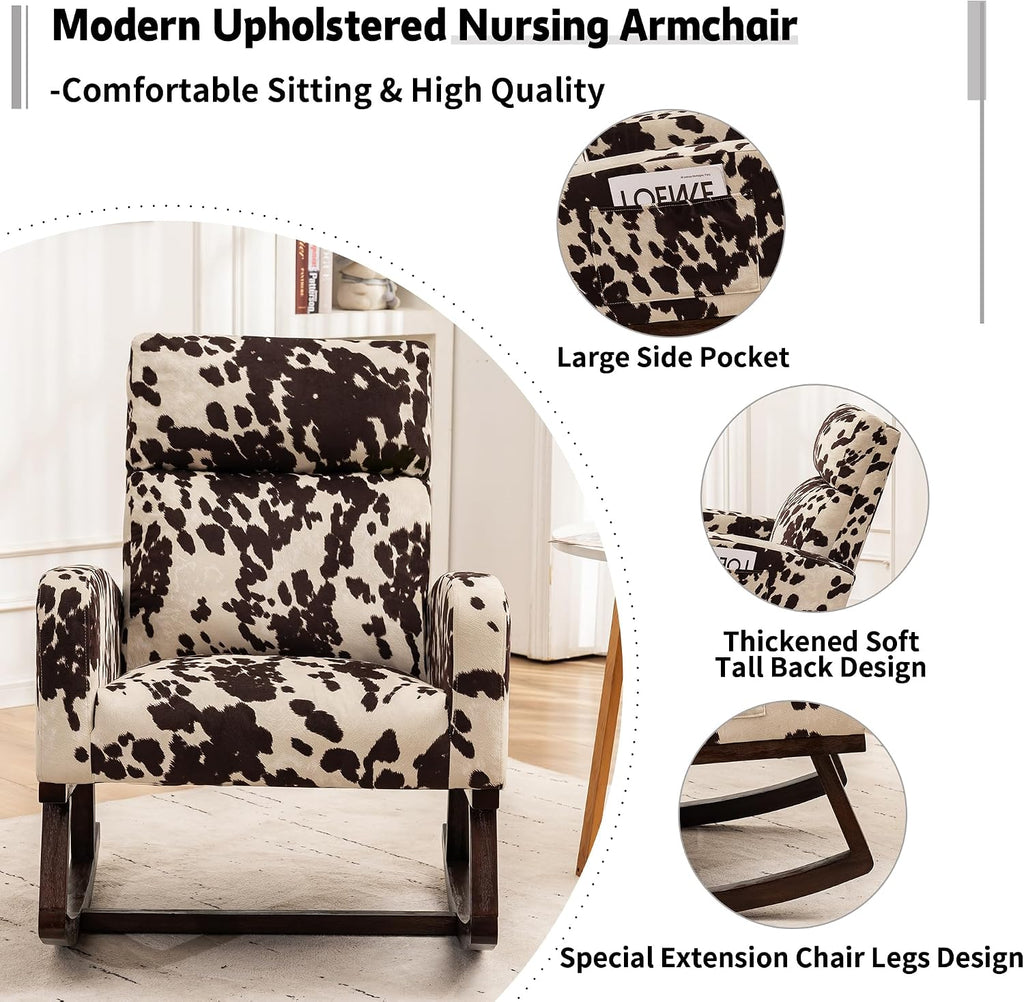 Nursery Rocking Chairs, Cow Printed Fabric Glider Chair Nursery Chair for Mom with High Backrest, Side Pocket and Extended Wood Legs for Bedroom Living Room, Cow