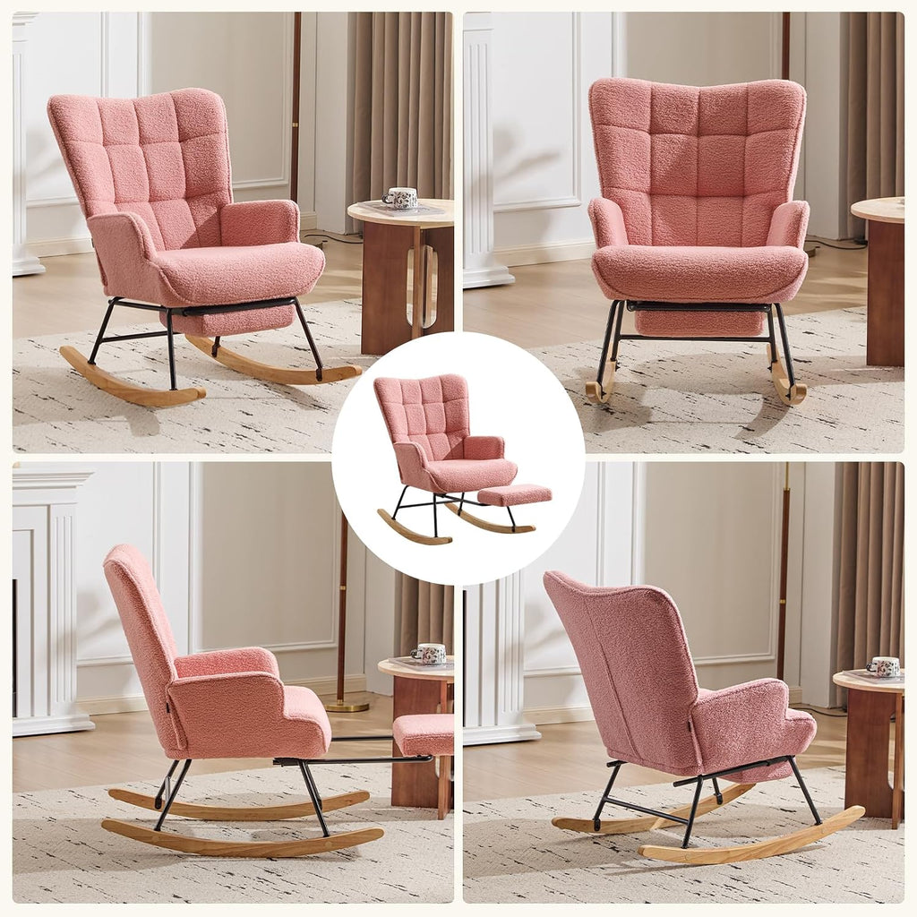 Furniliving Nursery Rocking Chair Modern Armchair Upholstered Glider Rocking Chair Accent Chair with Retractable Footrest Reading Chair with High Backrest Solid Wood Base for Bedroom, Pink, Teddy