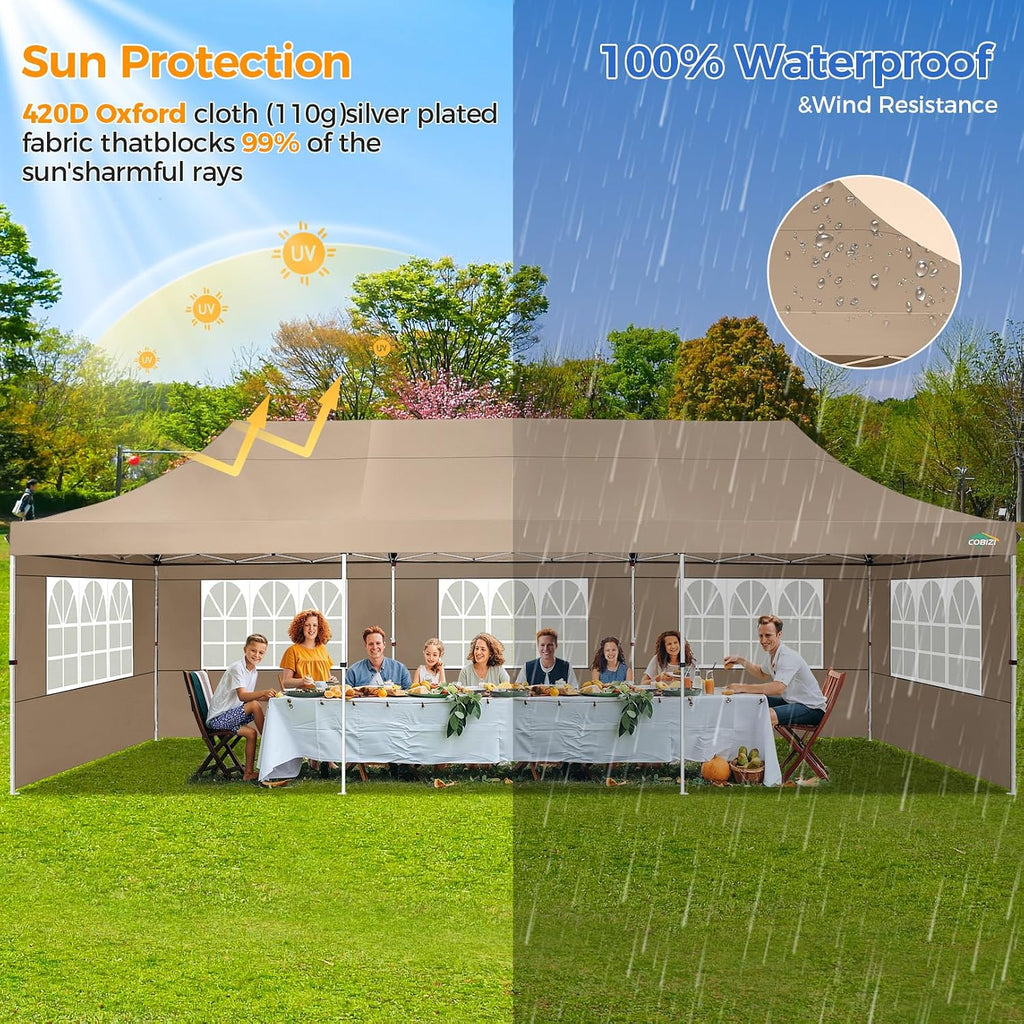 COBIZI 10x30 Pop up Canopy with Roller Bag & 8 Removable Sidewalls, Canopy Tent for Parties, Wedding, and Commercials, Waterproof and Instant Shelter UV50+ Outdoor Gazebo with 4 Sandbags(Khaki)
