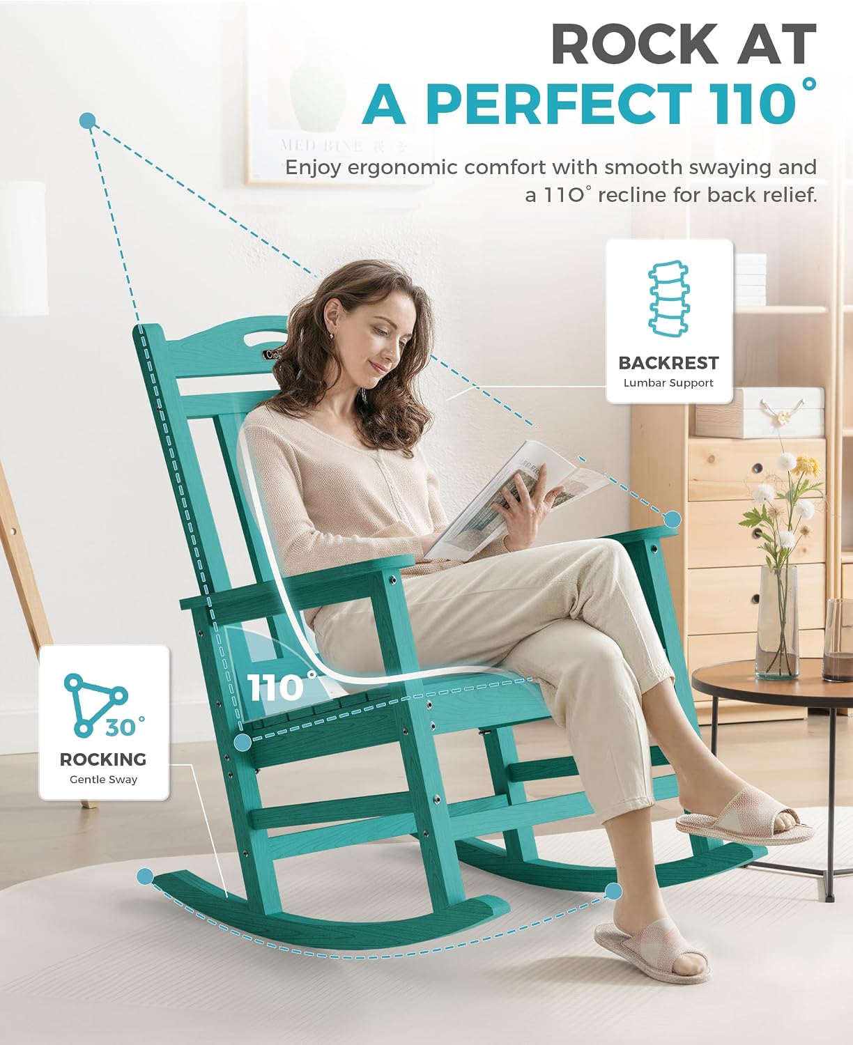 Ciokea Oversized Outdoor Rocking Chairs Set of 2, 380lbs Heavy-Duty Large Patio Rocker, High Back Cozy Porch Chairs, Weather Resistant Patio Rocking Chairs for Outside, Fire Pit, Deck, Aruba Blue