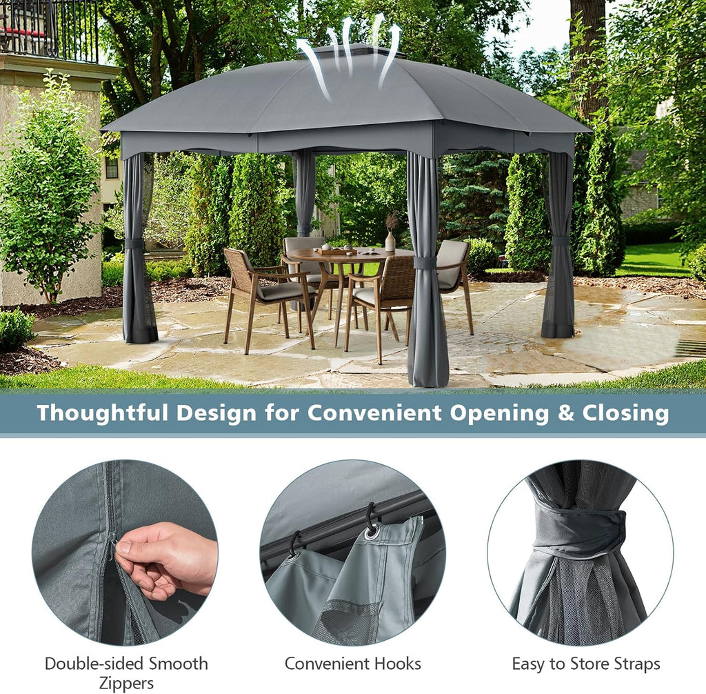 Tangkula 12x10 Ft Patio Gazebo, Double Vented Gazebo with Zippered Privacy Curtains, Mesh Screen Netting, Outdoor Steel Gazebo for Deck, Garden, Yard, Poolside (Grey)