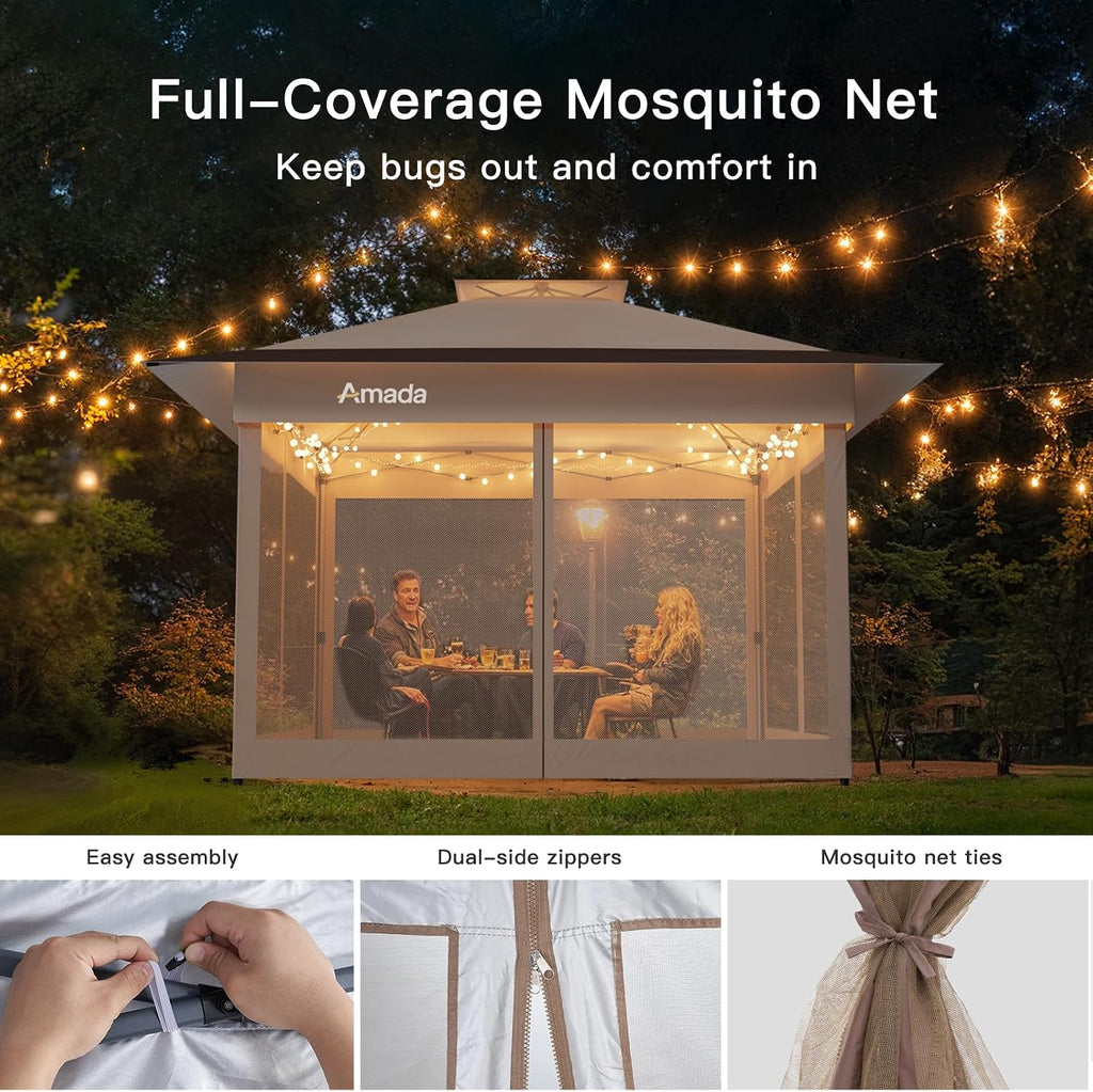 Amada 13x13 Pop Up Gazebo for Backyard & Patio Furniture,Gazebos on Clearance with Wheeled STO-N-Go Cover Bag,Carpa Pop Up Tent Party Tent and Shelter with Mosquito Netting for Lawn,Garden,Deck,Khaki