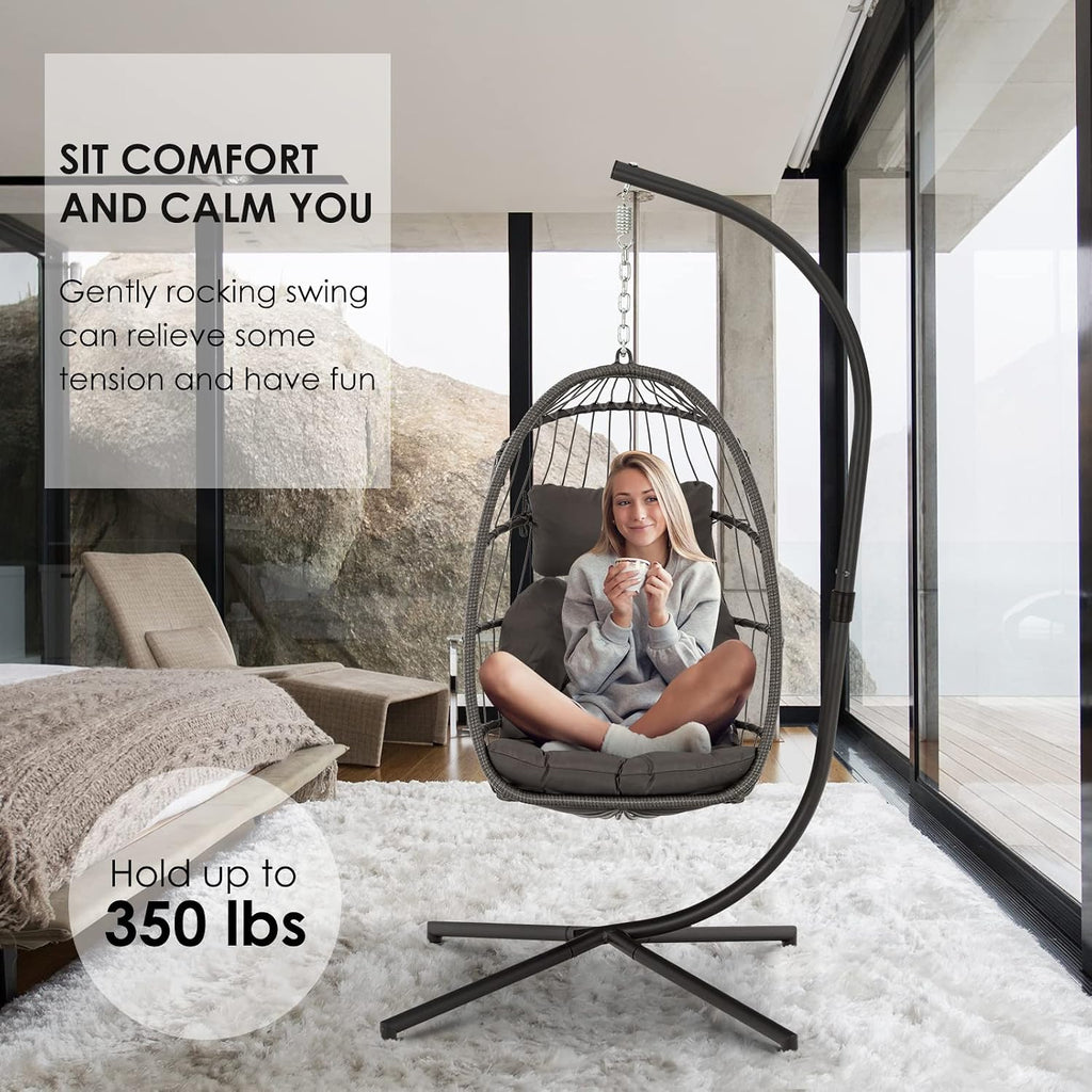 Brafab Swing Egg Chair, Hammock, Hanging Chair, Aluminum Frame and UV Resistant Cushion with Steel Stand, Indoor Outdoor Patio Porch Lounge Bedroom Hand Made Wicker Rattan, 350LBS Capacity