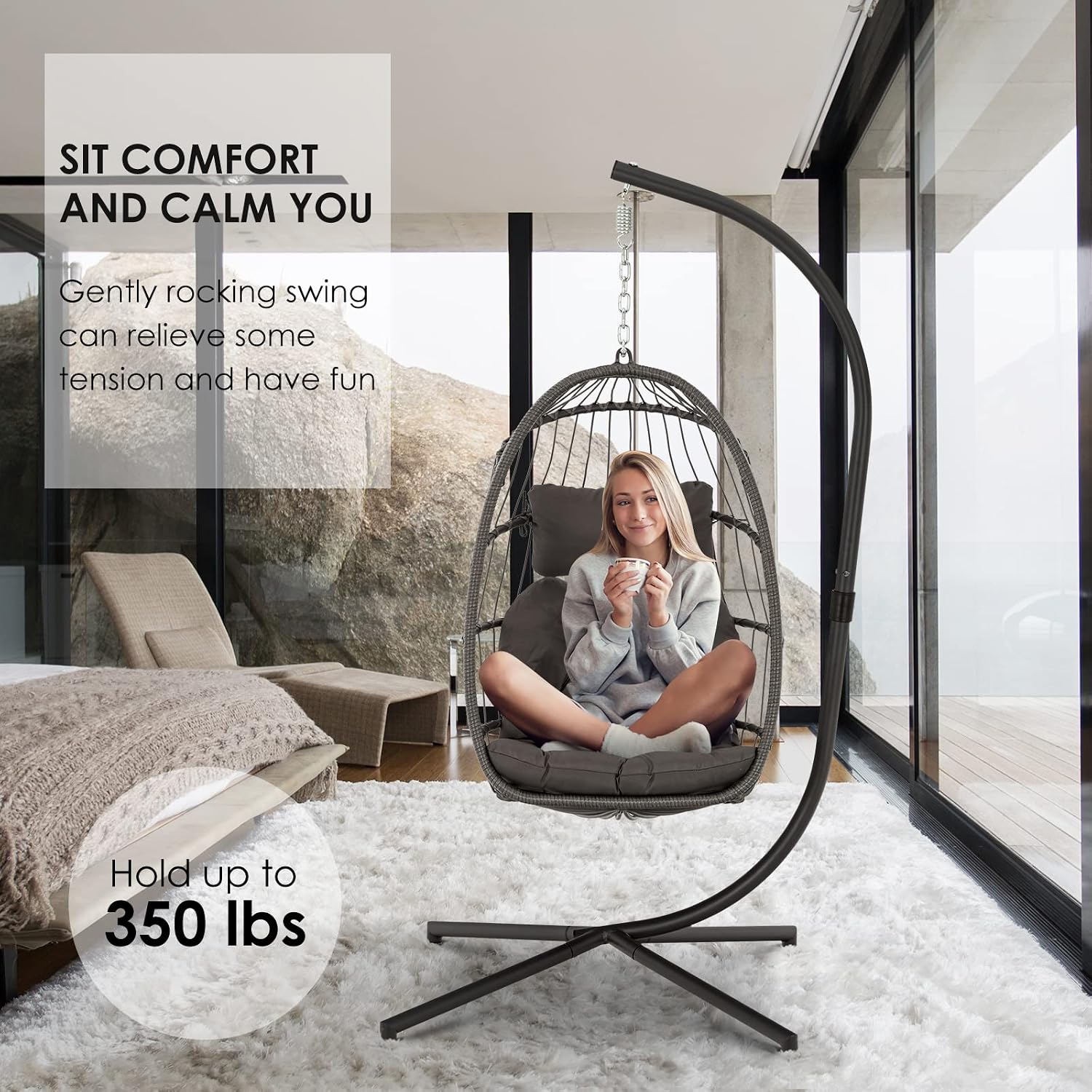 Brafab Swing Egg Chair, Hammock, Hanging Chair, Aluminum Frame and UV Resistant Cushion with Steel Stand, Indoor Outdoor Patio Porch Lounge Bedroom Hand Made Wicker Rattan, 350LBS Capacity