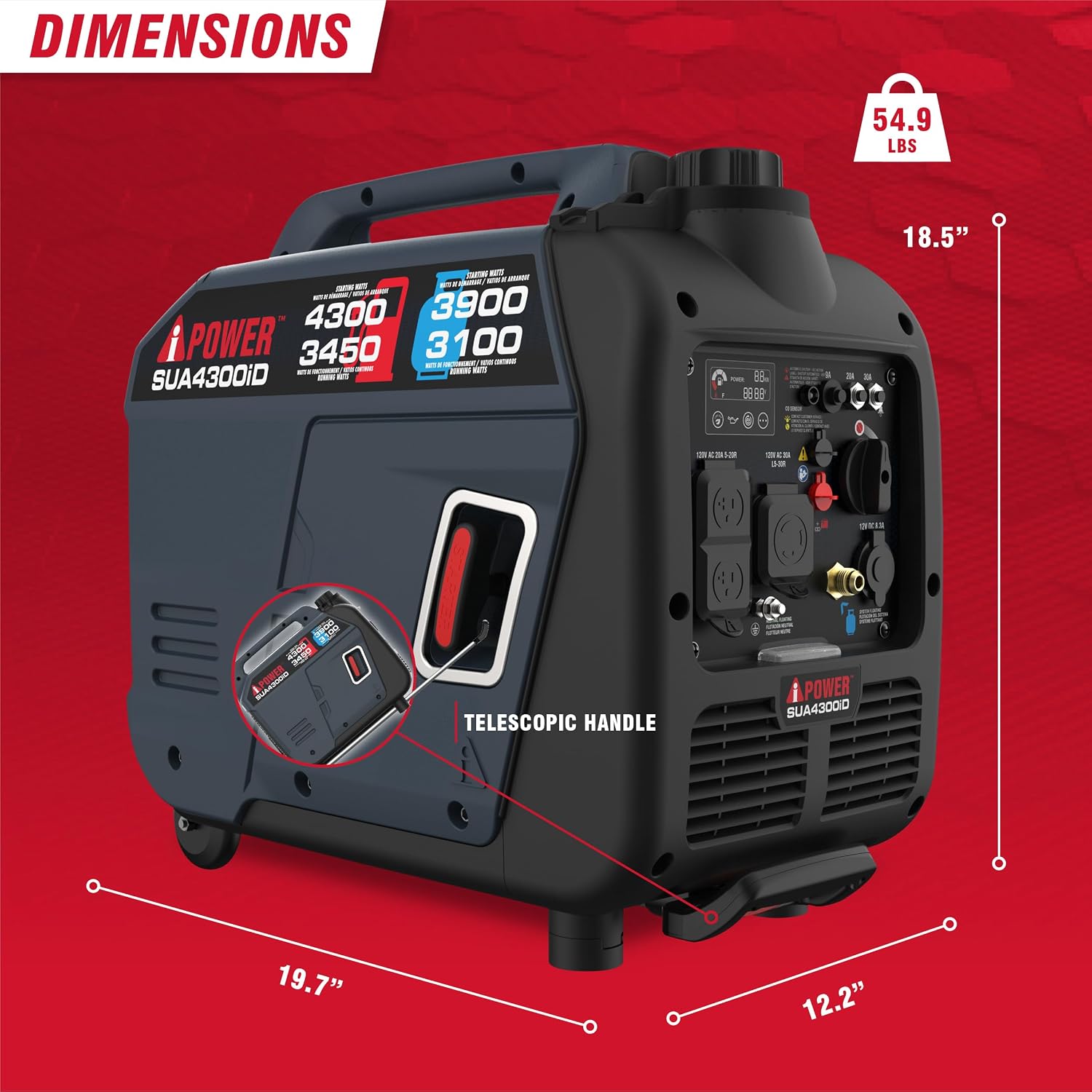 A-iPower 4300-Watt Dual Fuel Portable Inverter Generator, RV Ready Lightweight w/CO Sensor for Backup Home Use, Tailgating & Camping, CARB Compliant (SUA4300iD)