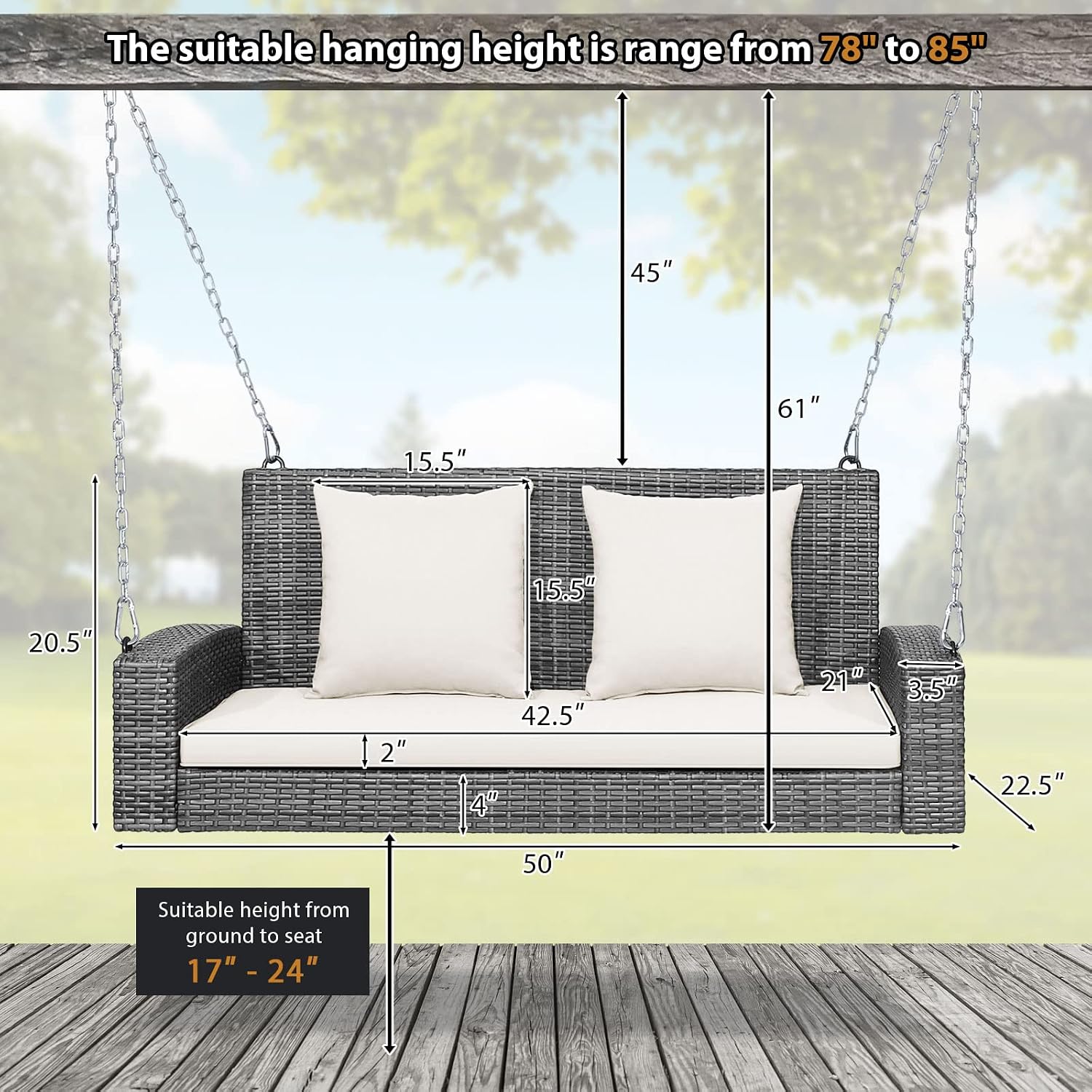 Tangkula 2 Person Wicker Hanging Porch Swing, Patiojoy Outdoor Rattan Swing with Soft Cushions and 2 Rustproof Steel Chains, 800 LBS Patio Swing Bench for Balcony, Garden and Yard