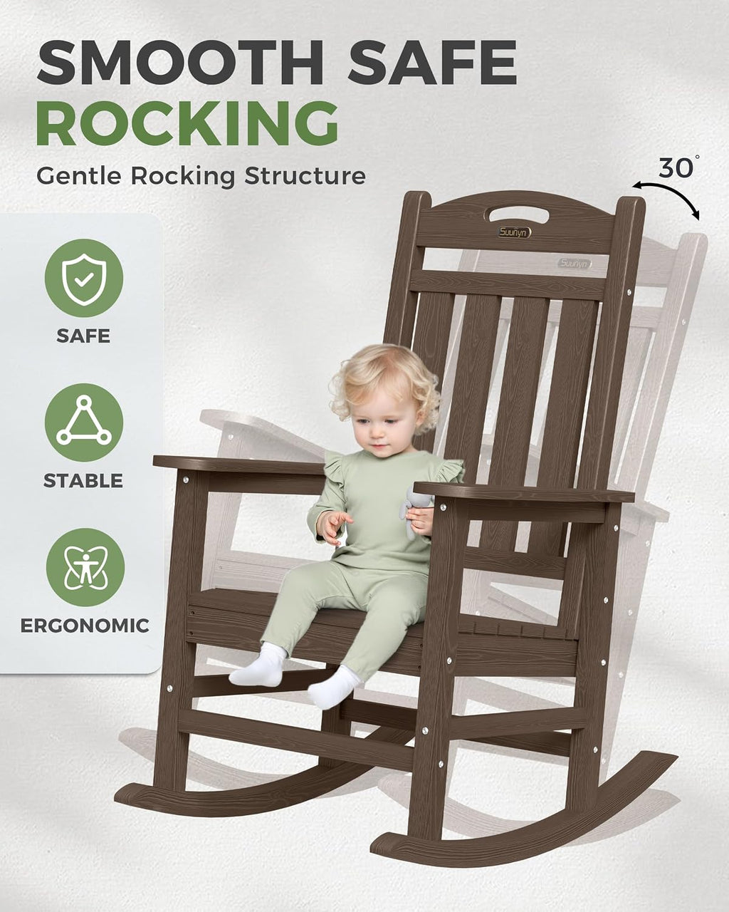 Oversized Outdoor Rocking Chairs Set of 2, High Back Porch Rocker Chair, HDPE All Weather Resistant Rocking Chairs for Patio, 380lbs Weight Capacity, Brown