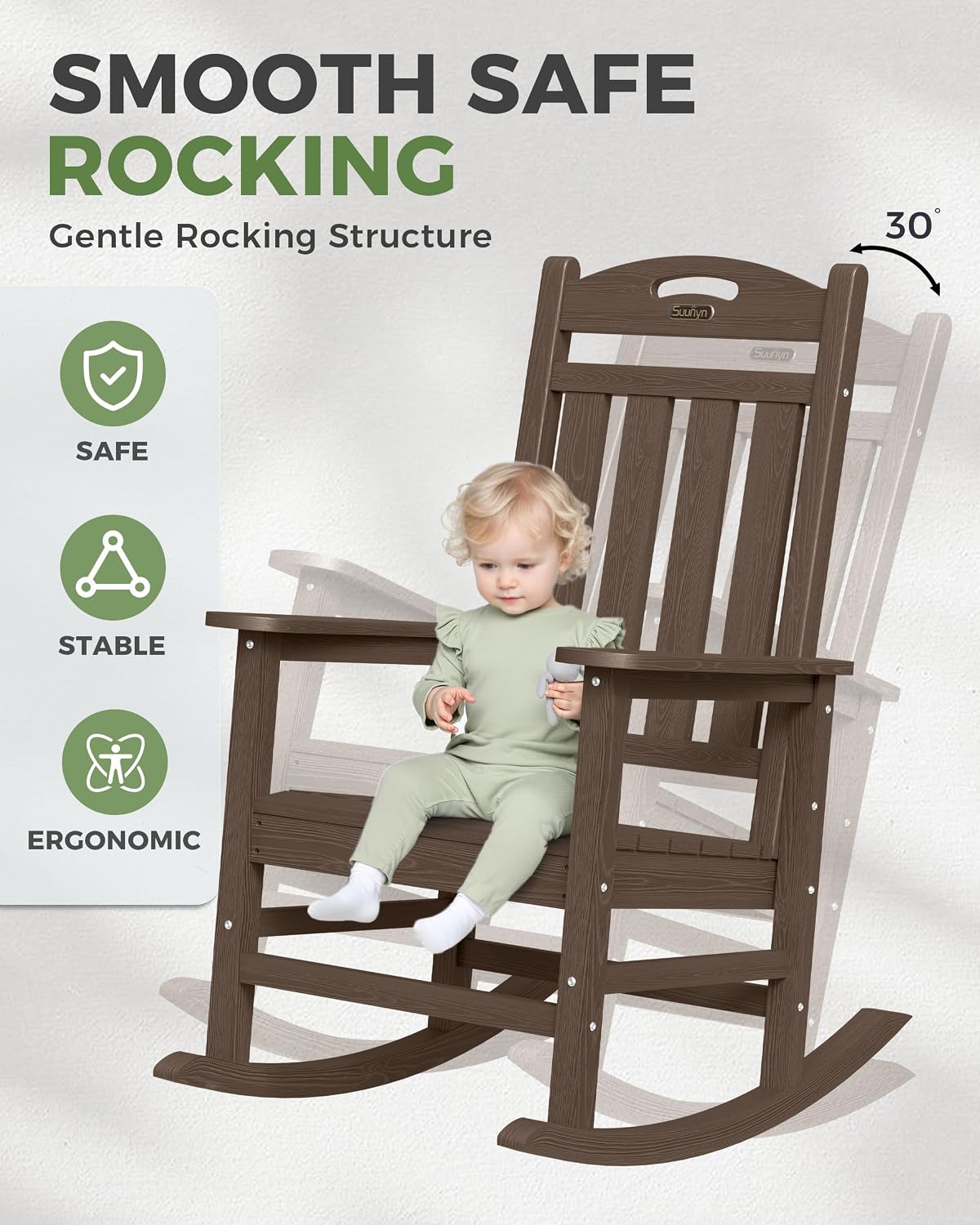 Oversized Outdoor Rocking Chairs Set of 4, High Back Porch Rocker Chair, HDPE All Weather Resistant Rocking Chairs for Patio, 380lbs Weight Capacity, Brown