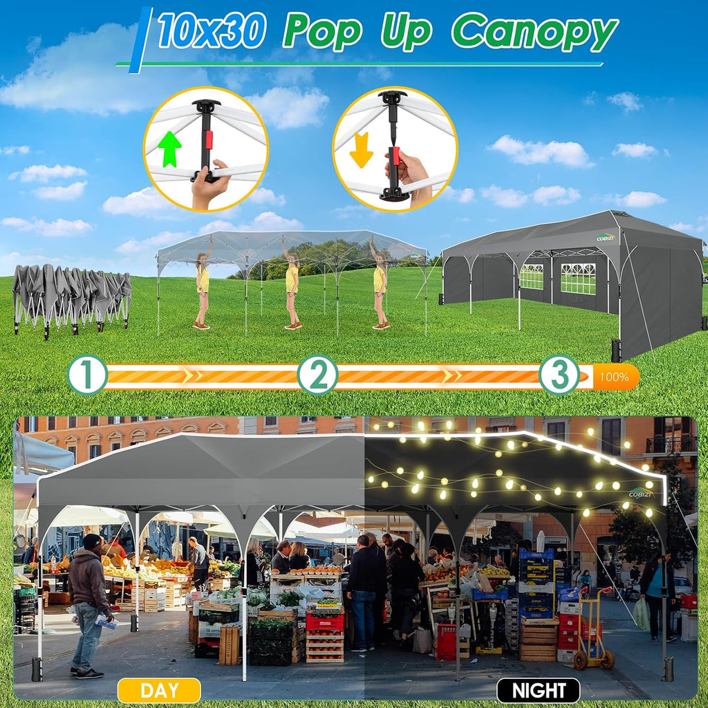 COBIZI 10x30 Pop Up Canopy Tent for Parties with 5 Sidewalls| Push Center Lock & Air Vent| Waterproof & UPF50+ |Gazebo Outdoor Tent for Party,Wedding,BBQ with 4 Sandbags, 8 Stakes & 16 Ropes,Grey
