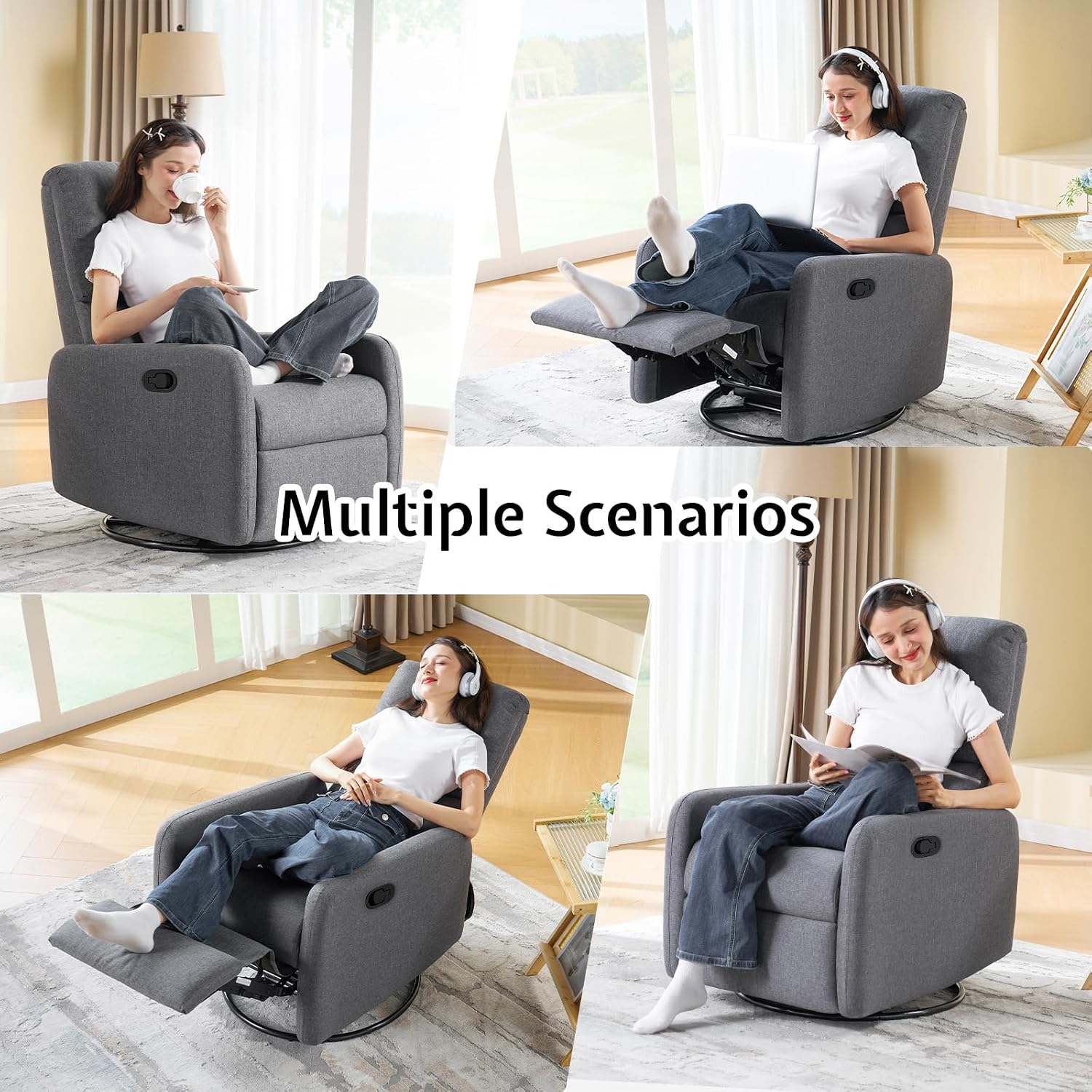 Jocisland Swivel Rocker Recliner Chair for Adults, Nursery Rocking Reclining with High Back, Small Glider for Small Spaces/Living Room/Bedroom/Nursing, Gray Linen (No Side Pockets)