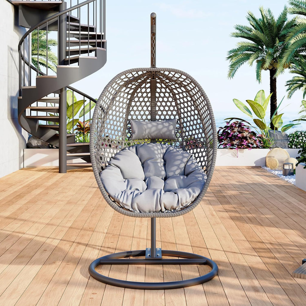 Egg Swing Chair Outdoor with Stand, Swinging Chair Outdoor,Hanging Egg Chairs with Cushion and Pillow, Foldable Basket and Metal Stand for Porch, Patio, Bedroom, Balcony (Grey)