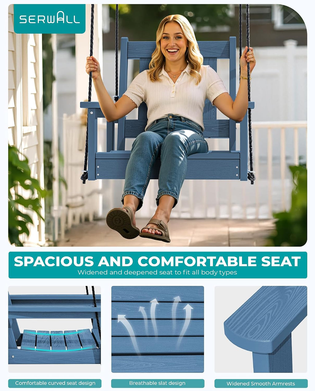 SERWALL HDPE Single Porch Swing Set of 2, Heavy Duty Single Person Swing Chair with 2 Polypropylene Hanging Ropes, Adirondack Hanging Chair for Outdoor Front Porch Patio Garden Yard, Blue