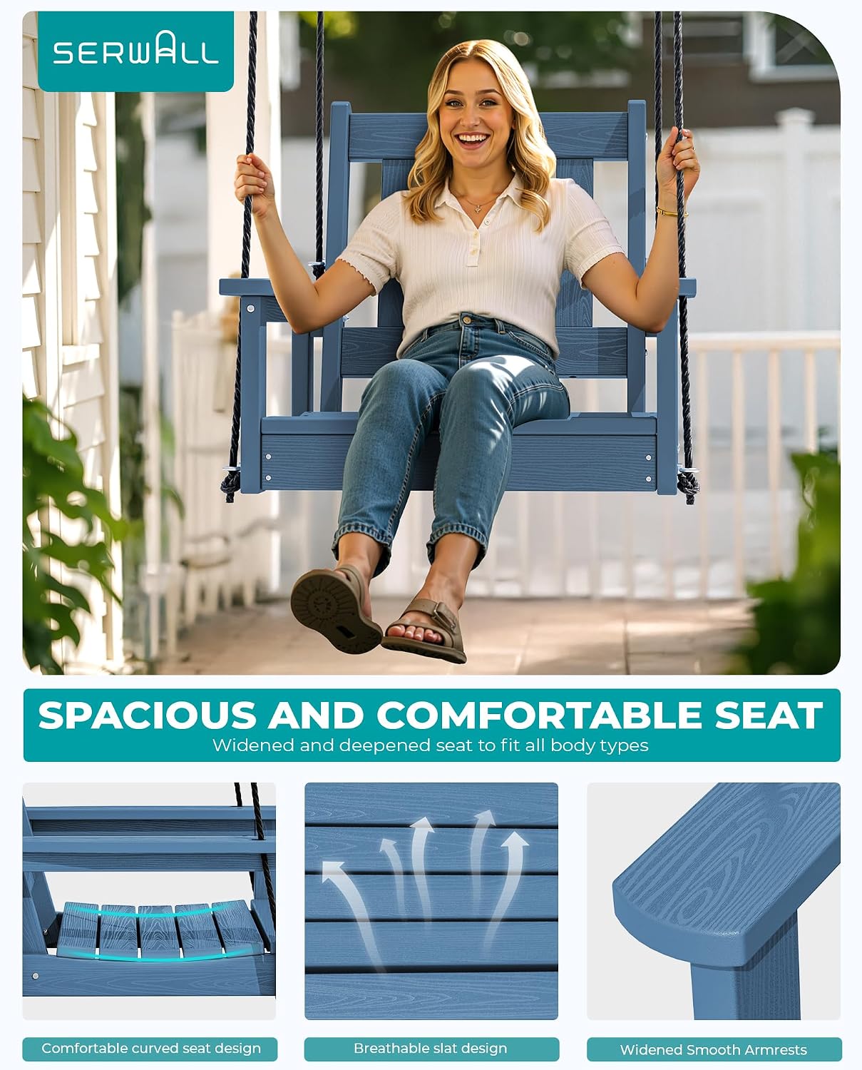 SERWALL HDPE Single Porch Swing Set of 2, Heavy Duty Single Person Swing Chair with 2 Polypropylene Hanging Ropes, Adirondack Hanging Chair for Outdoor Front Porch Patio Garden Yard, Blue