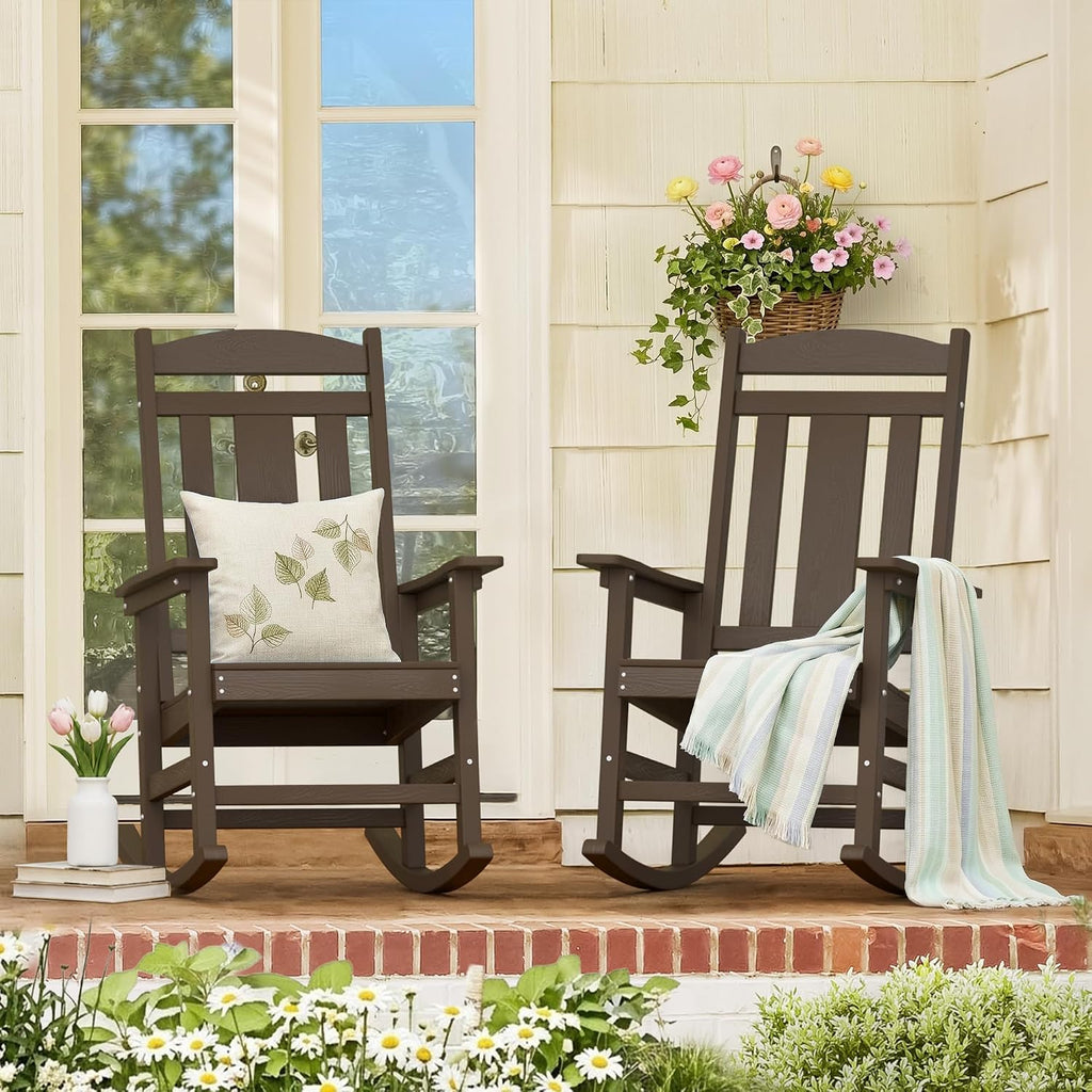 LUE BONA Outdoor Rocking Chairs Set of 2, Weather Resistant HDPS Poly Rocker Chairs, 350lb Heavy Duty, Oversized Porch Rocker for Adult, High Back Smooth Rocking Chair for Outdoor & Indoor, Brown