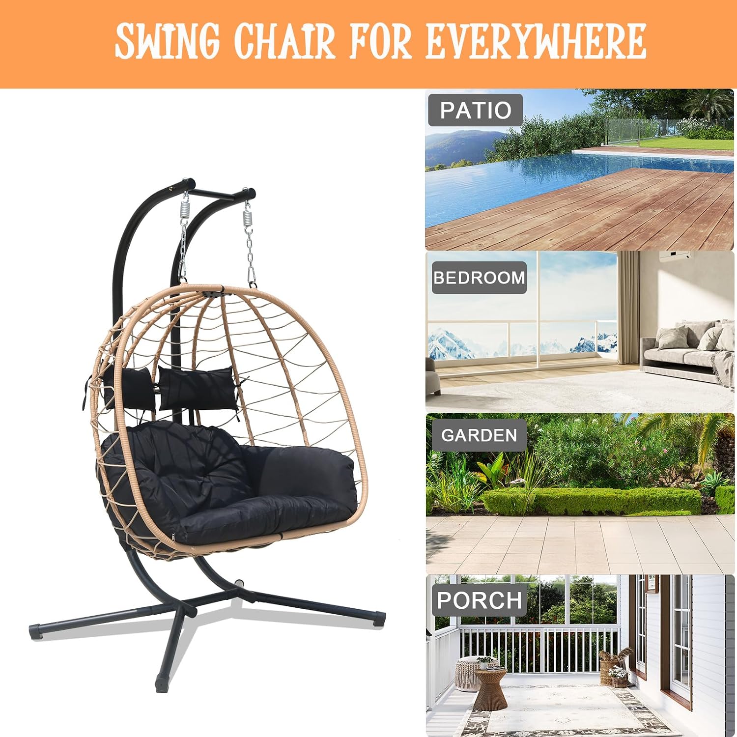 Double Egg Chair Outdoor, 2 Person Hanging Egg Chair with Stand, Patio Wicker Egg Swing Chair for Garden, Backyard, Balcony, 600Lbs Heavy Duty (BR-BL)