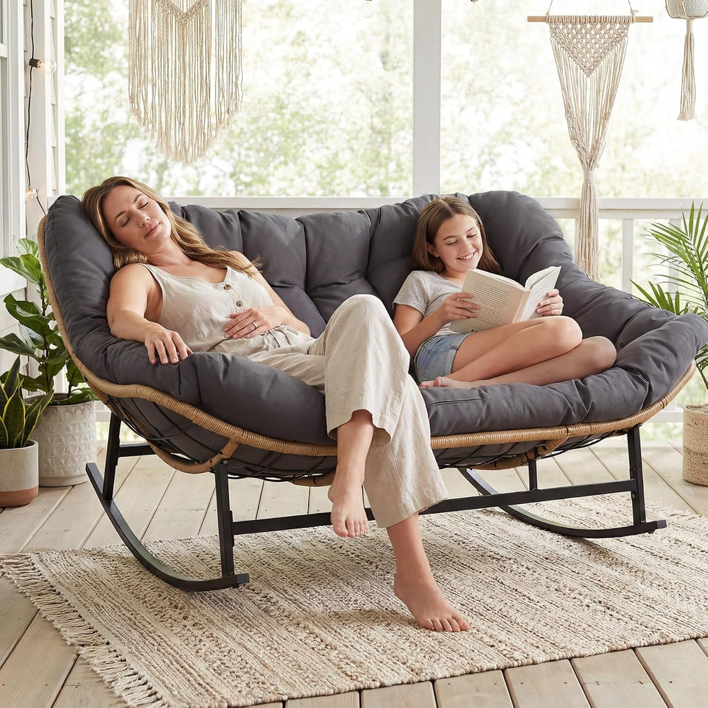 BULEXYARD Double Papasan Rocking Chair Indoor Outdoor, 2 Person Wicker Rocking Egg Chair with Dark Grey Thick Cushion, Oversized Large Patio Lounge Loveseat for Balcony, Porch, Garden, Lawn