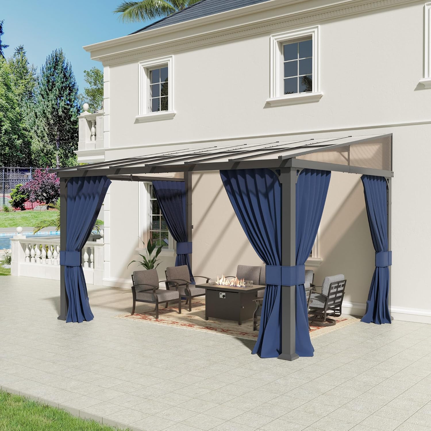 10' x 14' Gazebo for Patio,Wall Mounted Gazebo with Sloping Polycarbonate Roof,Aluminum Frame Outdoor pelgole w/Netting & Curtain for Garden,Deck,Backyard,NavyBlue