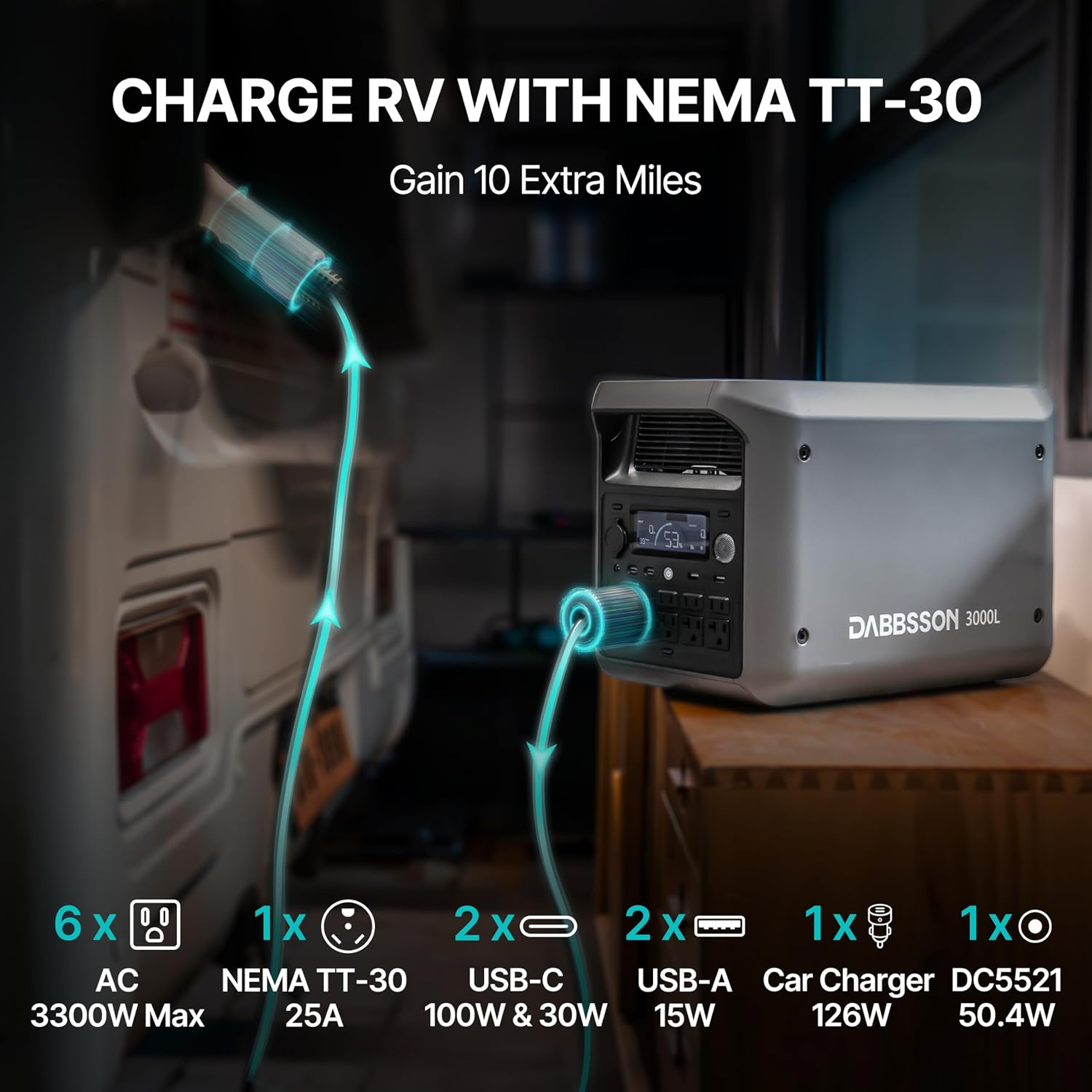 DABBSSON 3000L Solar Generator with Charger S, 3072Wh Semi-Solid LiFePO4, 560W Alternator Charger, 3000W AC Output 6,TT-30 for RV,P-Boost 3600W, Compact, 1.3X Runtime,0-80% 1.5H,for Camping/Home