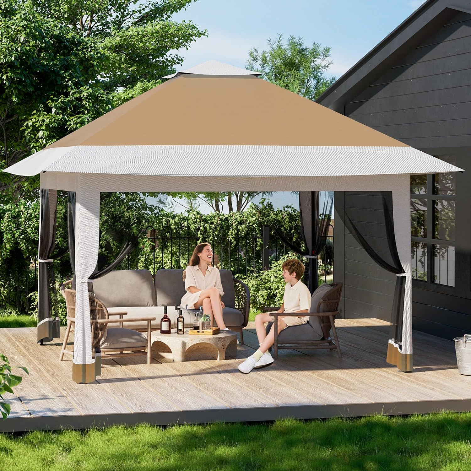 GarveeTech Pop Up Gazebo 12x12 ft Canopy Tent with Mosquito Netting, Outdoor Patio Gazebo with 3 Adjustable Heights, Tent Shelter Quick Setup Backyard Tent for Party,Wedding (Khaki)