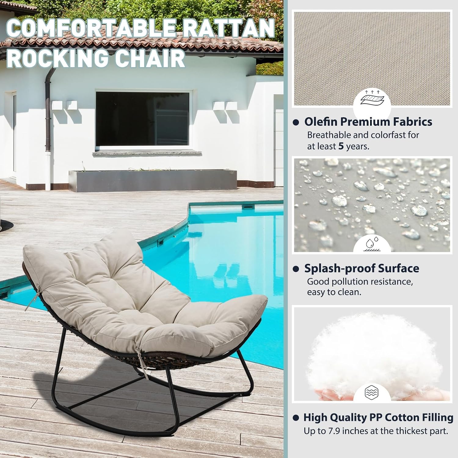 Outdoor Papasan Rocking Chair Oversized - Rocking Chair with Soft Cushion, 30° Rocker Egg Chair for Patio, Front Porch, Backyard, Living Room, Beige