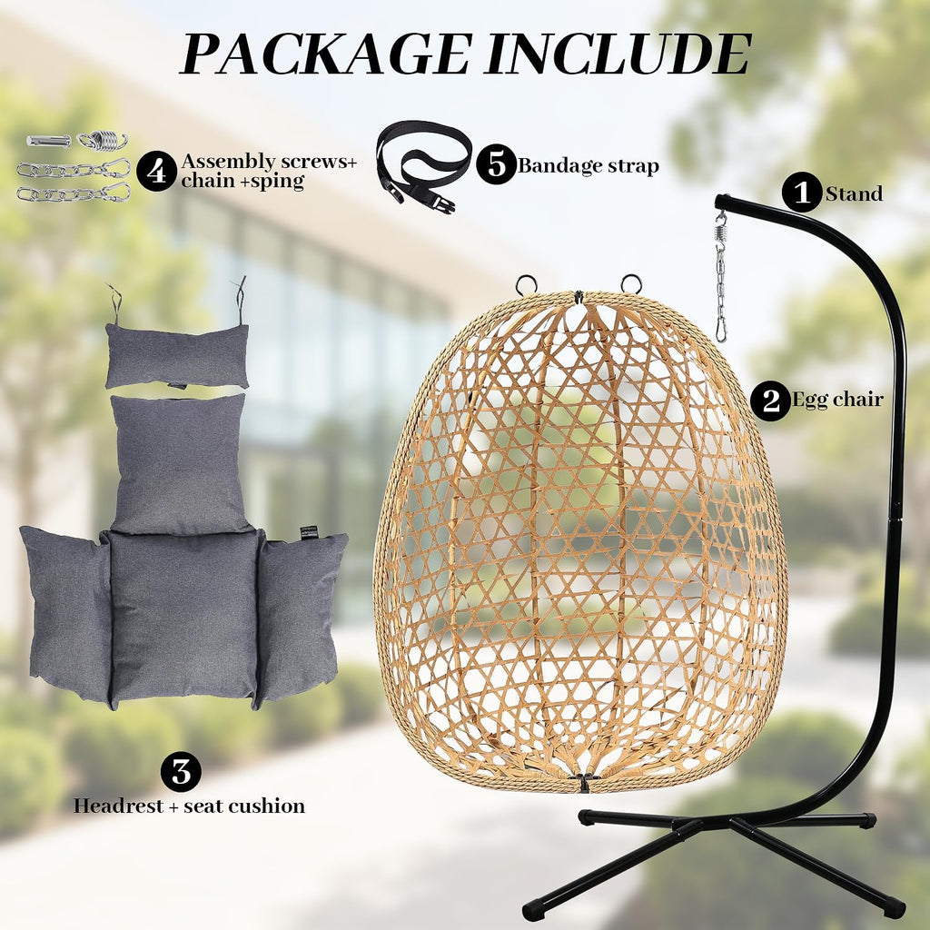 EortheX Hanging Egg Chair with Cushions – Comfortable Rattan Swing Chair with Stand for Patio, Garden, or Balcony – Stylish and Relaxing Outdoor Lounge Chair, 350LBS Capacity Indoor Outdoor (Grey)