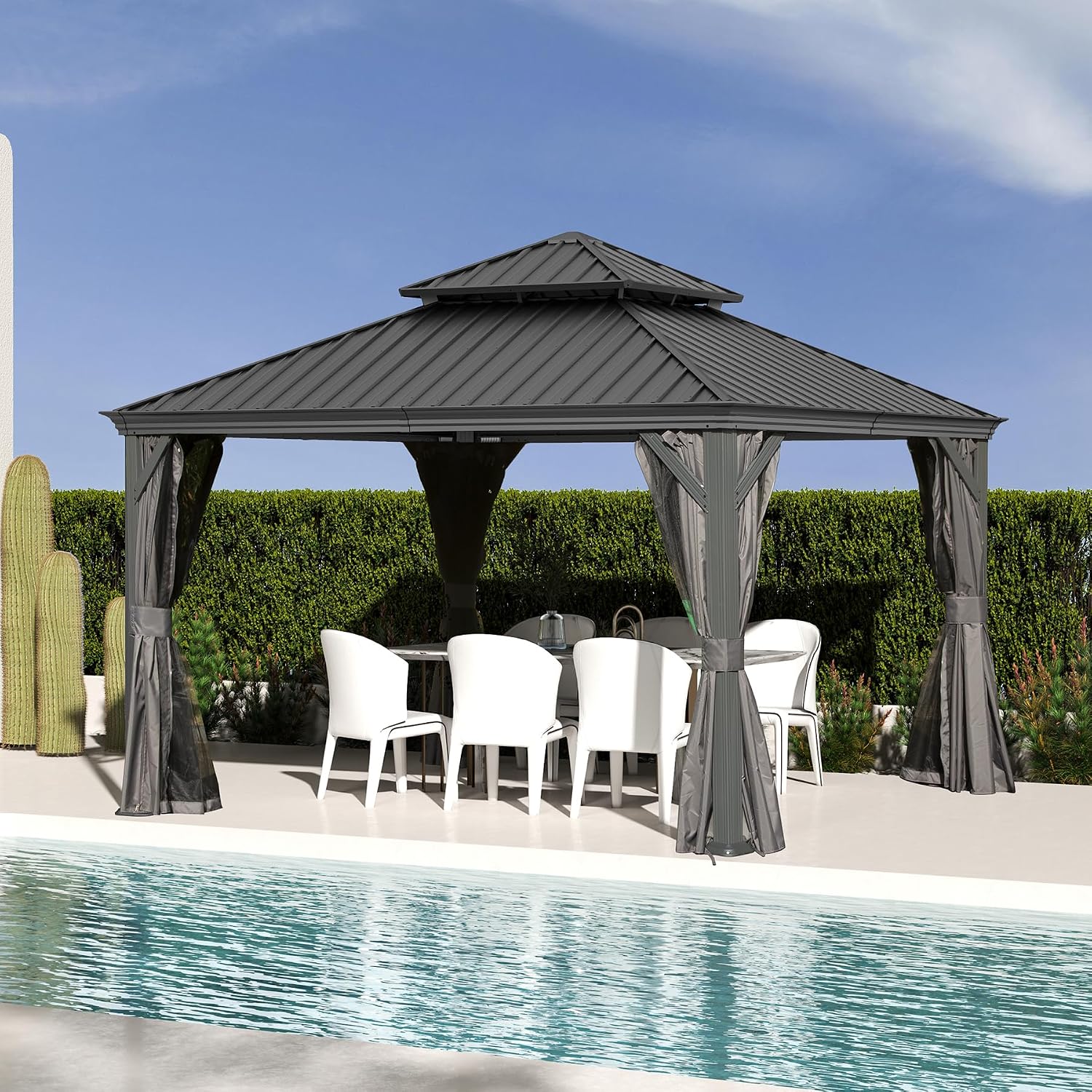 Domi 12x12FT Outdoor Gazebo, Hardtop Gazebo with Galvanized Steel Double Roof, Metal Gazebos with Drainage System for Patio Deck Backyard,Curtain and Netting,Gray