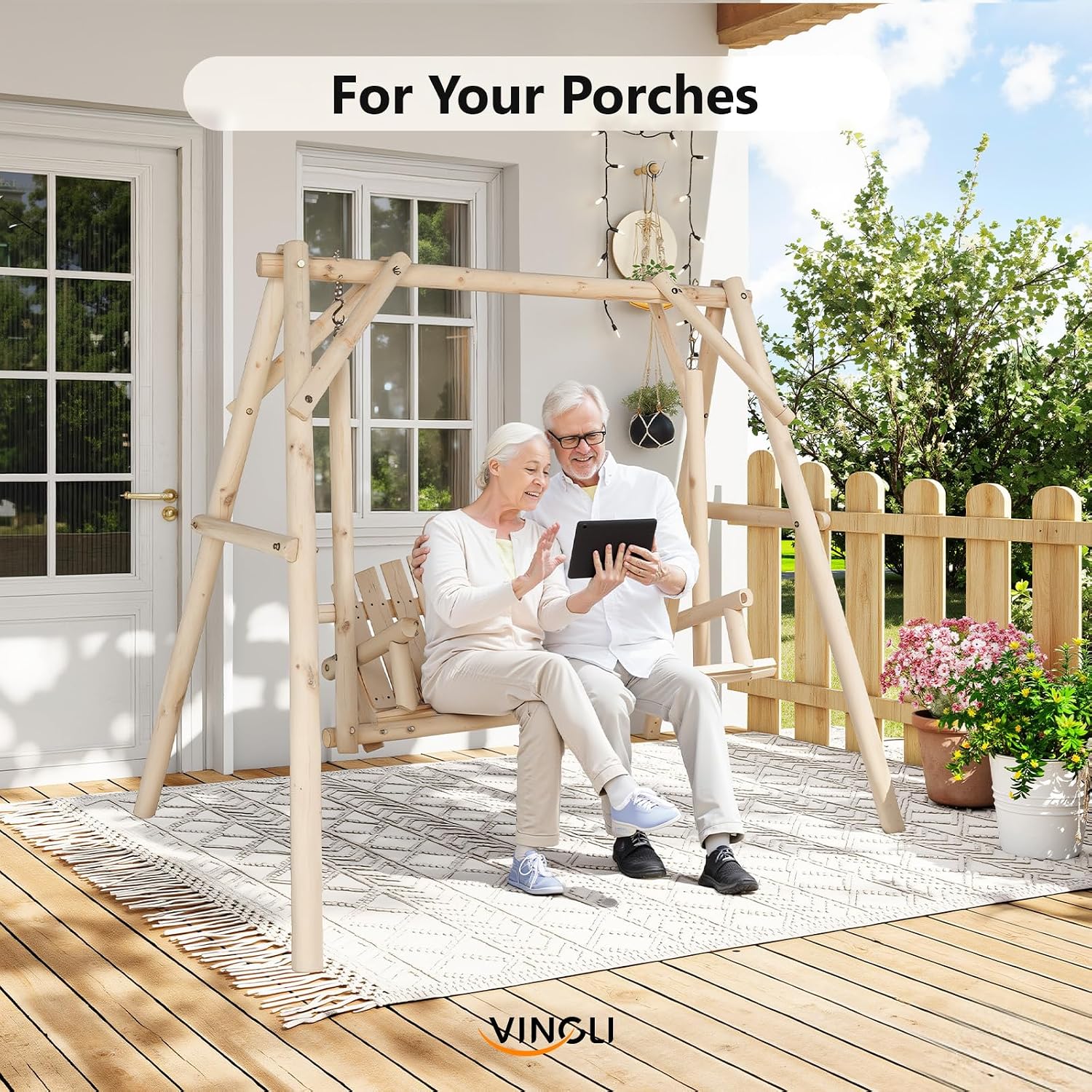VINGLI Heavy Duty 880 LBS Wooden Patio Porch Swing with A-Frame Stand, Hanging Swing Bench Chair with Frame for Outside, Yard, Garden (Natural)