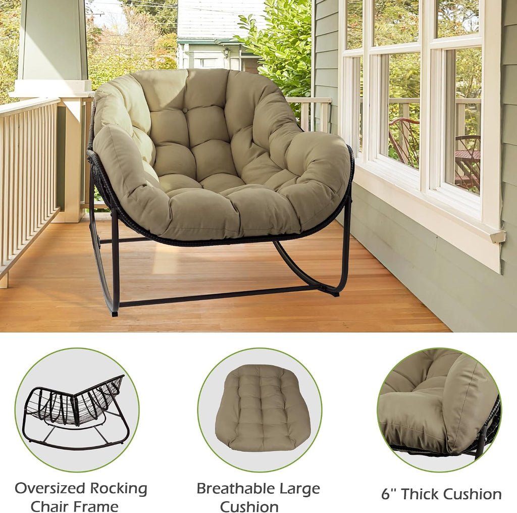 Papasan Rocking Chair, Oversized Papasan Chair with Cushion and Frame for Indoor& Outdoor, Deep Seat Egg-Shaped Rocker Chair for Garden, Deck, Living Room, Beige