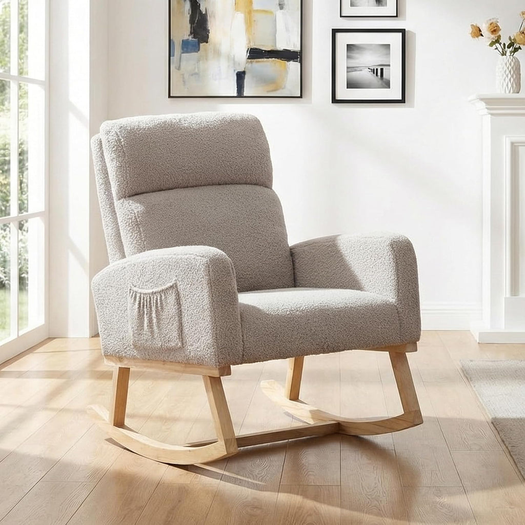 Rocking Chair Nursery, Nursery Rocker Chairs for Mom with High Backrest and Solid Wood Legs, Teddy Modern Glider Chairs for Nursing Living Room Bedroom, Light Grey