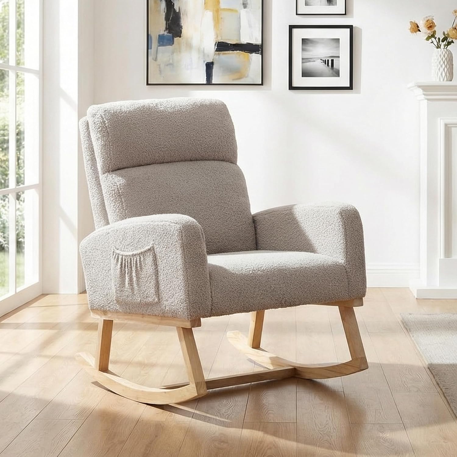Rocking Chair Nursery, Nursery Rocker Chairs for Mom with High Backrest and Solid Wood Legs, Teddy Modern Glider Chairs for Nursing Living Room Bedroom, Light Grey