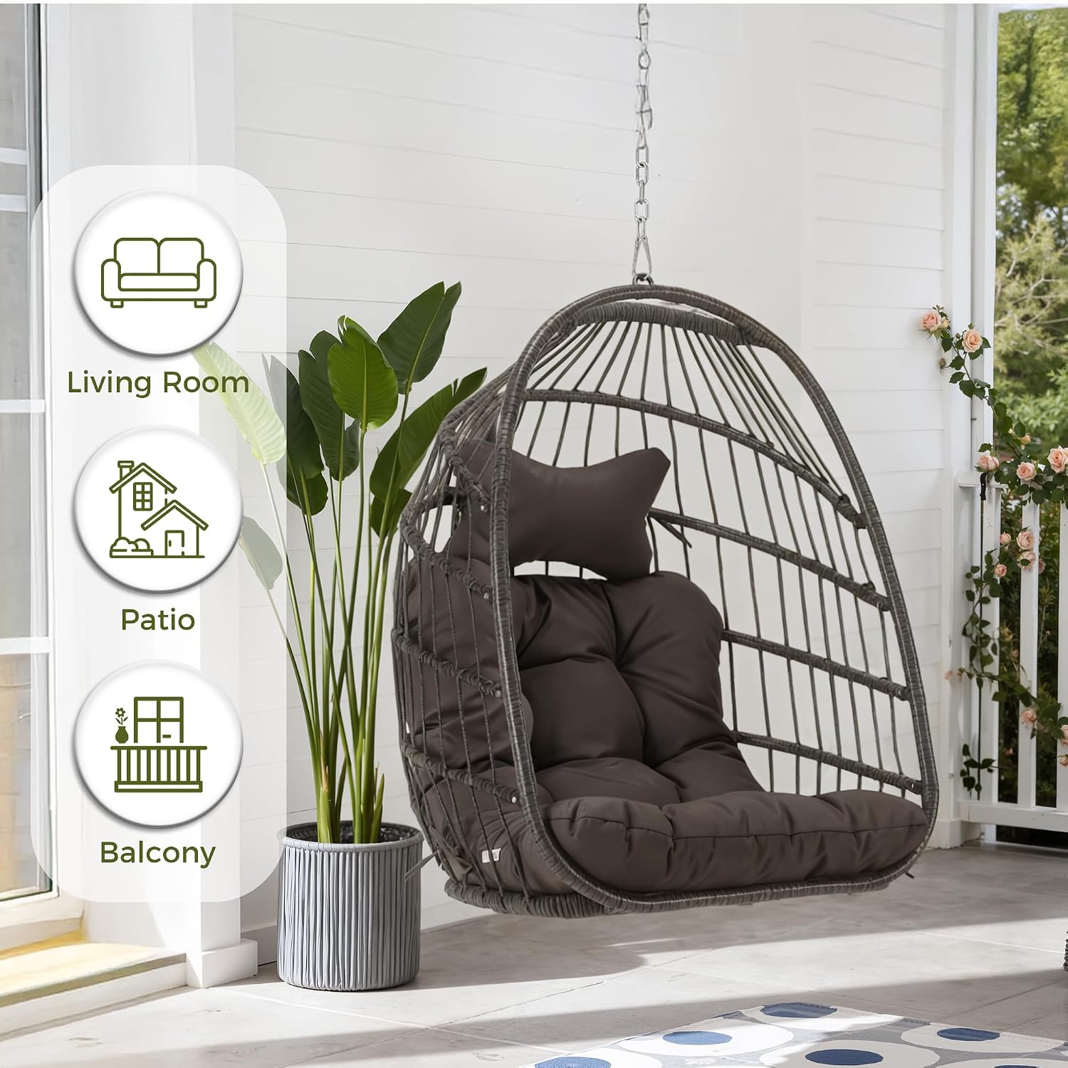 RADIATA Foldable Hanging Egg Swing Chair No Stand, Indoor Outdoor Wicker Basket Chair with Comfy Cushion, 350Lbs Durable Portable Hanging Hammock Seat for Bedroom Patio Porch Balcony, Dark Grey
