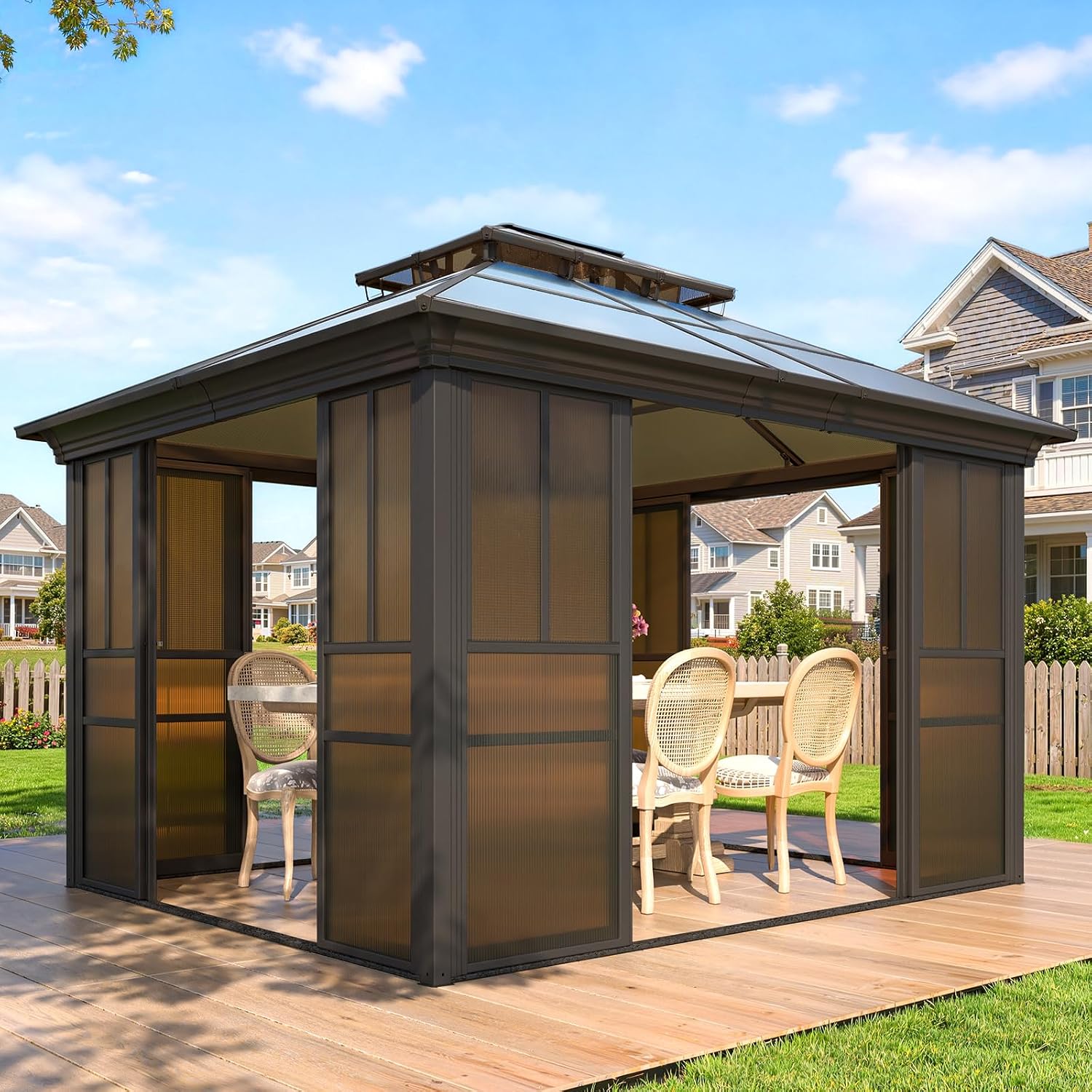 EROMMY 10x12 Sunroom Gazebo, Polycarbonate Roof Outdoor Solarium with Sliding Door & Adjustable Window Panels, Enclosed Patio Sunroom with Mesh Screens, Aluminum Frame Backyard Enclosure