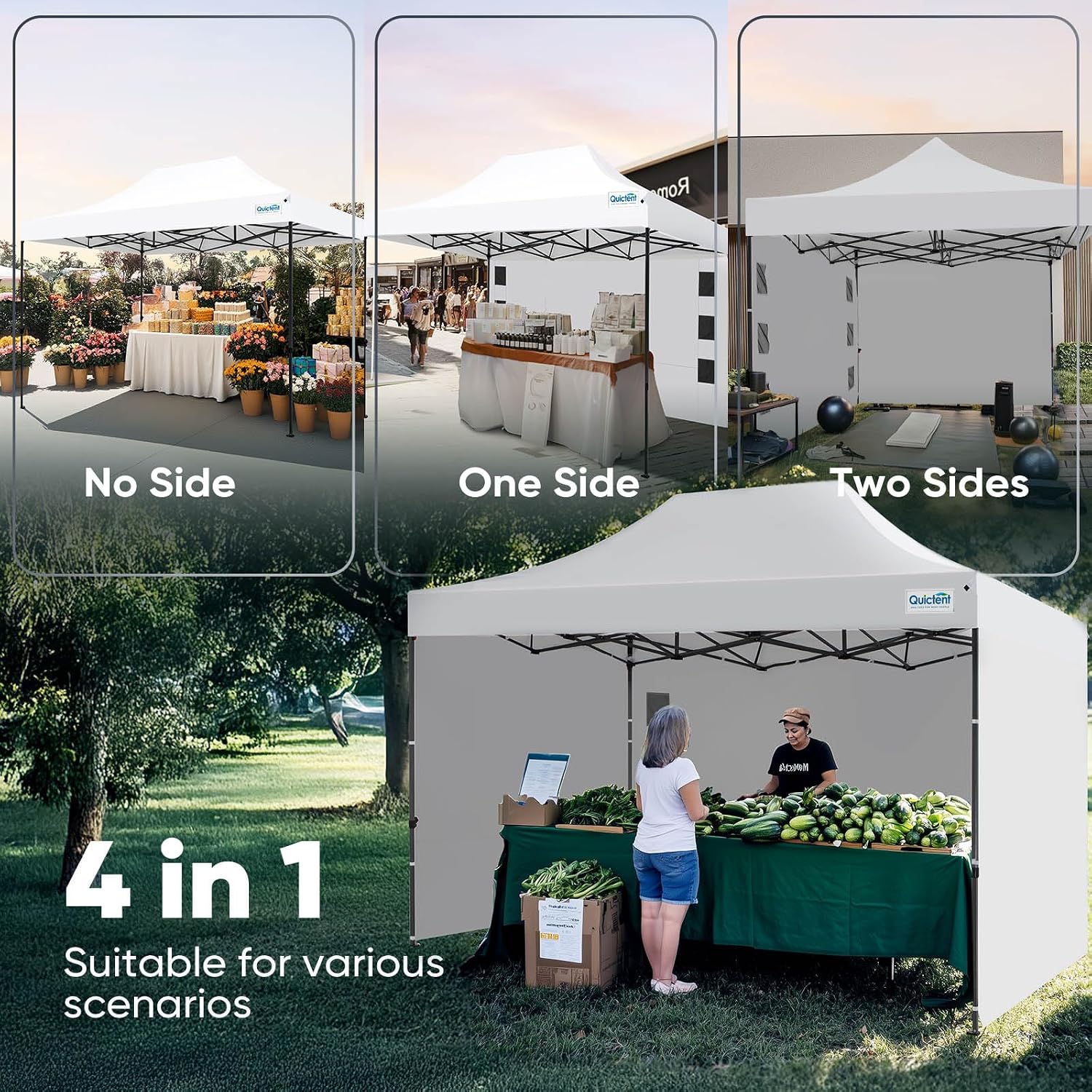 Quictent 10x15 Heavy Duty Pop up Canopy Tent with 3 Removable Sidewalls, Commercial Grade Instant Shelter with Wheeled Bag for Outdoor, Parties, Markets, 600D PU Coated UPF 50+ Sun Shield