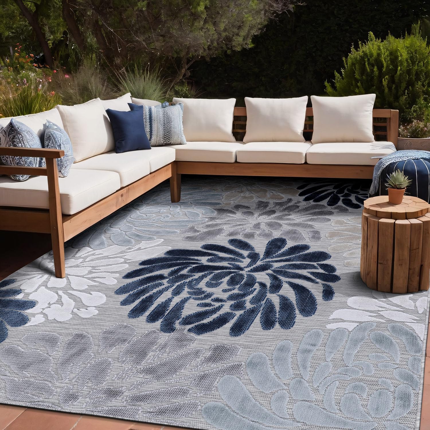 Luul Home Floral Indoor Outdoor Rugs 9x12 Large Area Rug for Living Room, Patio Decor, Kitchen, and Entryway Rug, Washable Stain Resistant Outside Carpet Blue 9 x 12