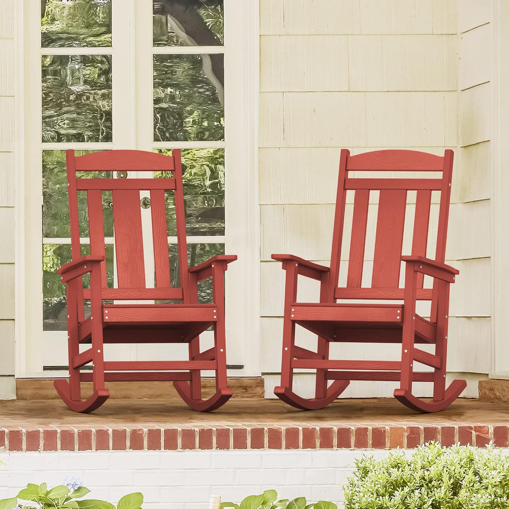 LUE BONA Outdoor Rocking Chairs Set of 2, HDPS Porch Rocker with High Back, Plastic Weather Resistant Rocking Chairs for Outdoor Indoor, Garden, Backyard, 350lb, Bright Red