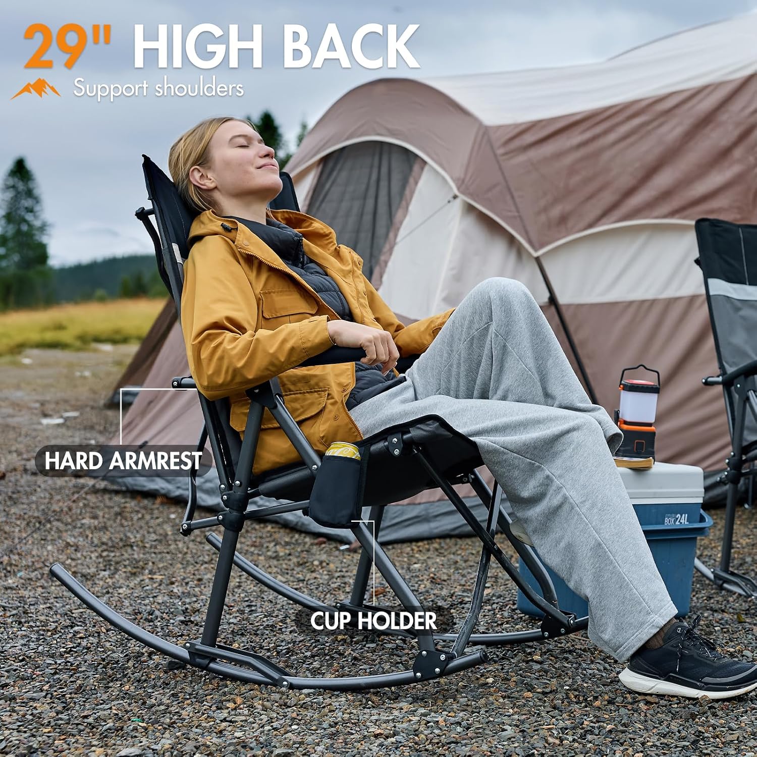 Portal Oversized Folding Rocking Camping Chair for Adults, Portable & Foldable Outdoor Lawn Rocker Chairs with High Back Hard Armrests Carry Bag for Outside, Camp, Patio, Supports 400lbs, Grey&Black