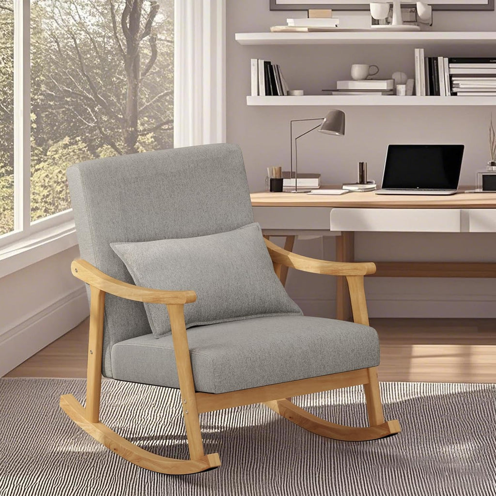 POWERSTONE Nursery Rocking Chair Upholstered Glider Rocker with PP Pillow & Rubber Wood Frame Modern Single Rocking Armchair for Bedroom, Living Room, Balcony, Offices, Nursery Grey