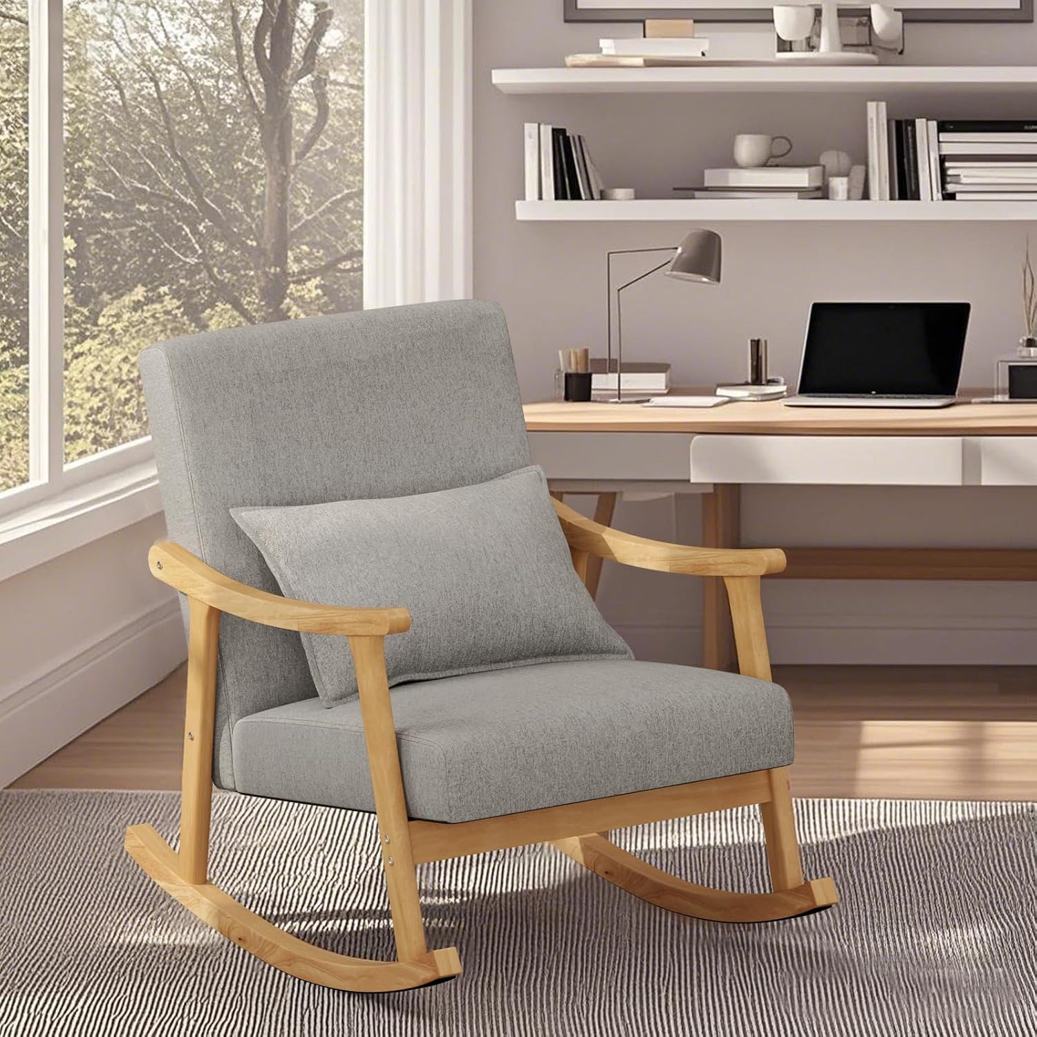 POWERSTONE Nursery Rocking Chair Upholstered Glider Rocker with PP Pillow & Rubber Wood Frame Modern Single Rocking Armchair for Bedroom, Living Room, Balcony, Offices, Nursery Grey