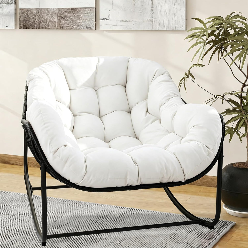 Papasan Rocking Chair, Oversized Papasan Chair with Cushion and Frame for Indoor& Outdoor,Egg-Shaped Patio Rocking Chair for Garden, Deck, Living Room, White