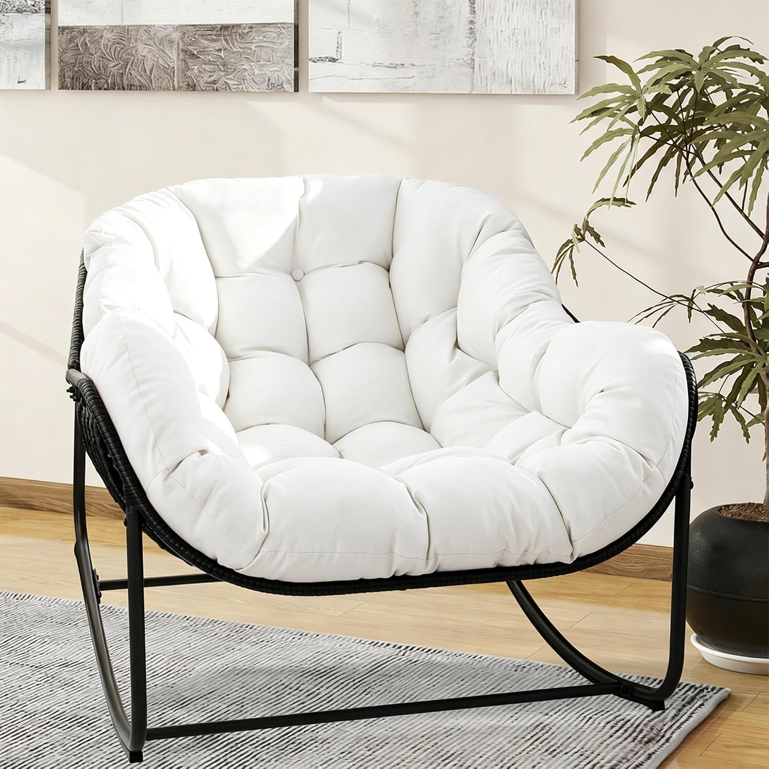 Papasan Rocking Chair, Oversized Papasan Chair with Cushion and Frame for Indoor& Outdoor,Egg-Shaped Patio Rocking Chair for Garden, Deck, Living Room, White