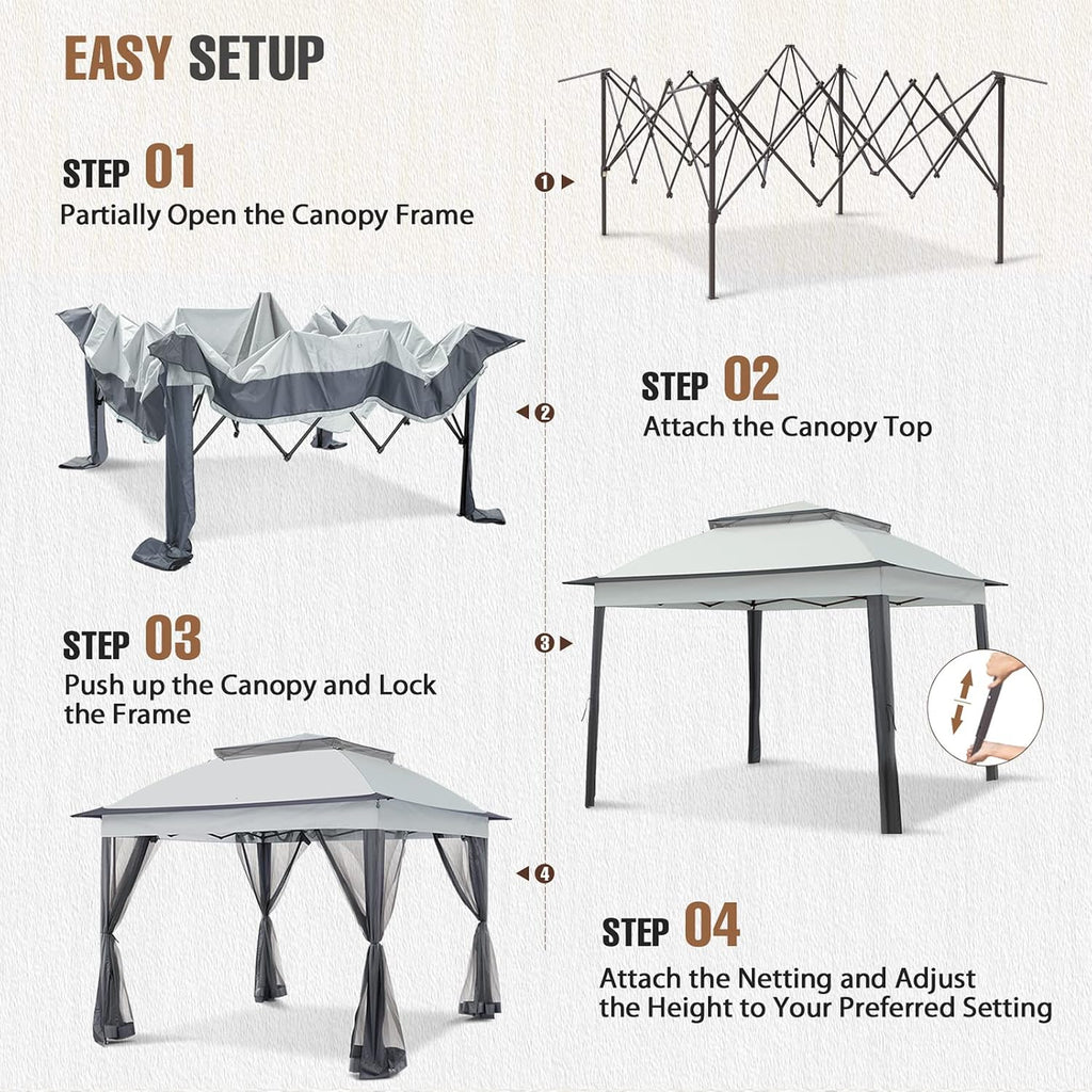 11x11 Pop Up Gazebo Tent with Mesh Netting, Instant Outdoor Canopy with UPF 50+ UV Protection, Water Resistant, Gray