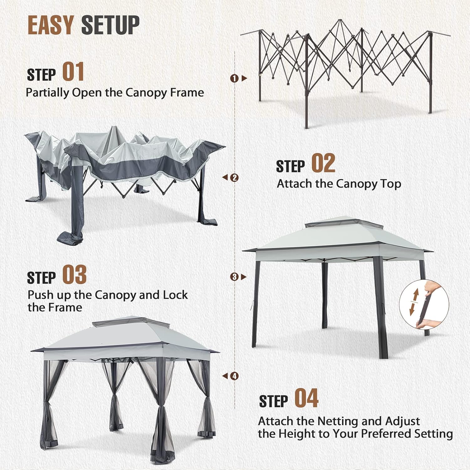 11x11 Pop Up Gazebo Tent with Mesh Netting, Instant Outdoor Canopy with UPF 50+ UV Protection, Water Resistant, Gray