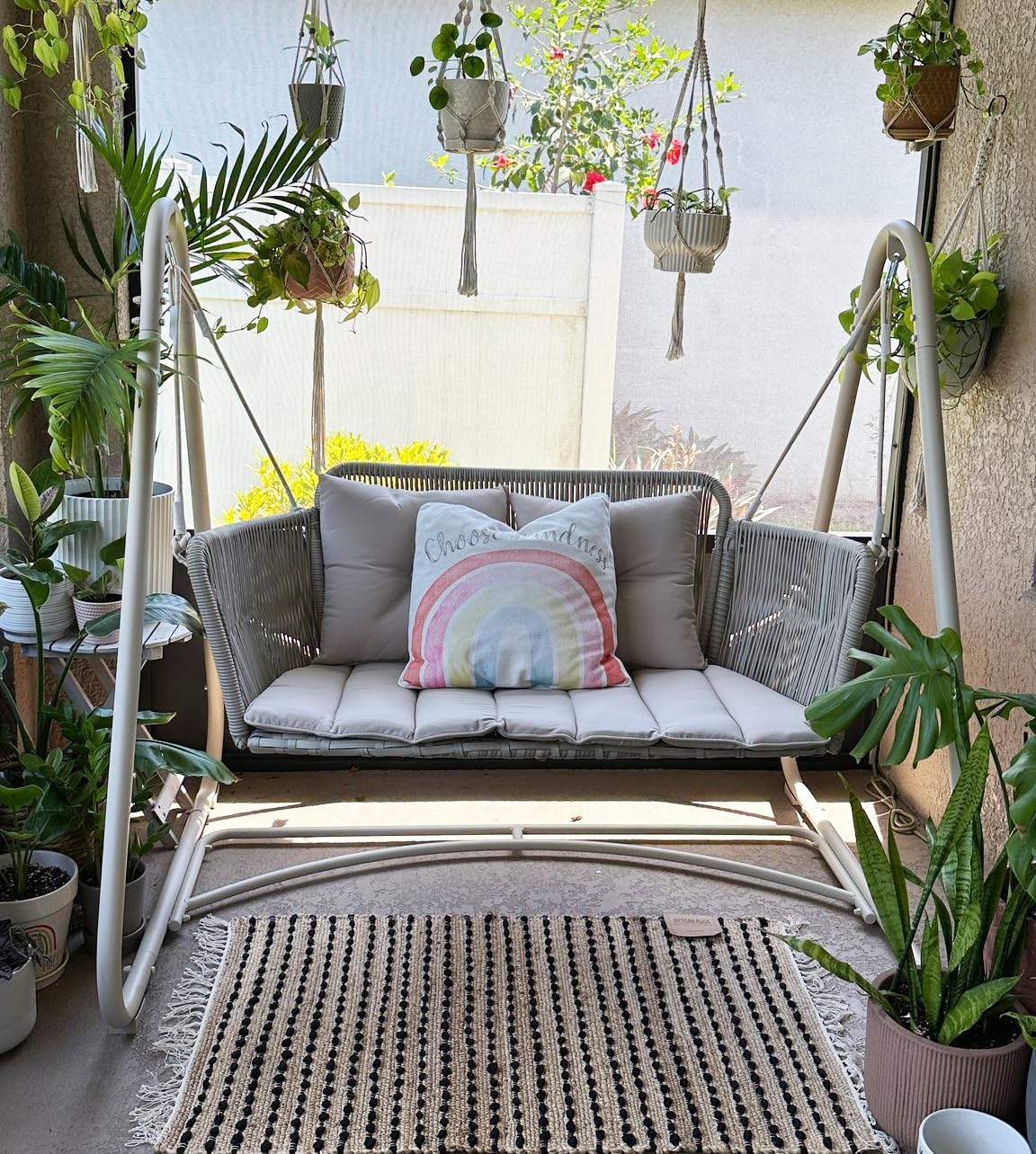 PURPLE LEAF 2-Seat Cloud Swing Chair with Stand Patio Wicker Bench Glider Loveseat Hanging Swinging for Indoor Outside Backyard Garden Outdoor Hammock Porch Swing, Cushion and Pillows Included, Cream