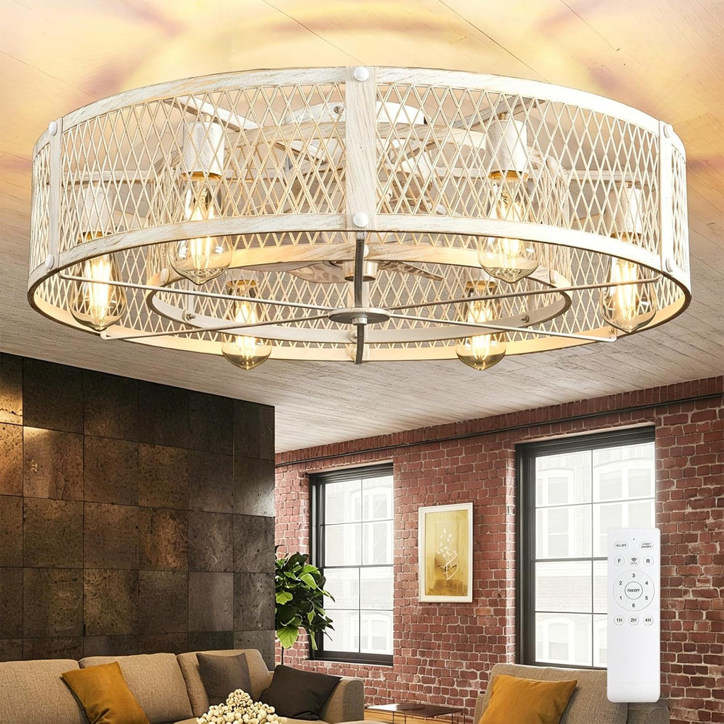 Depuley Flush Mount Ceiling Fan: 26' Caged Ceiling Fans with Lights and Remote Control for Kitchen Bedroom Farmhouse - Rustic Low Profile Ceiling Fandelier Lights Reversible 6 Speed Timer Cement