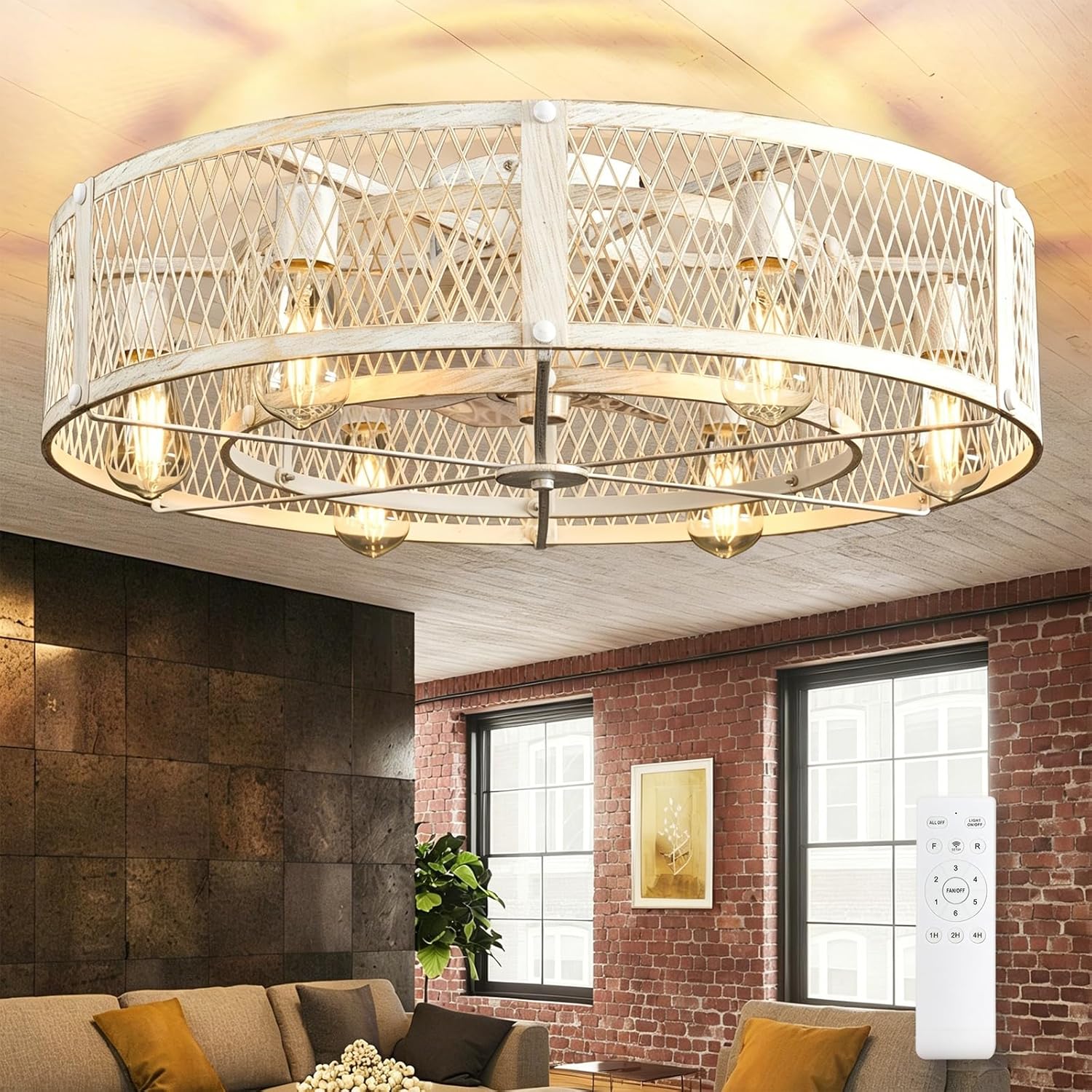 Depuley Flush Mount Ceiling Fan: 26' Caged Ceiling Fans with Lights and Remote Control for Kitchen Bedroom Farmhouse - Rustic Low Profile Ceiling Fandelier Lights Reversible 6 Speed Timer Cement