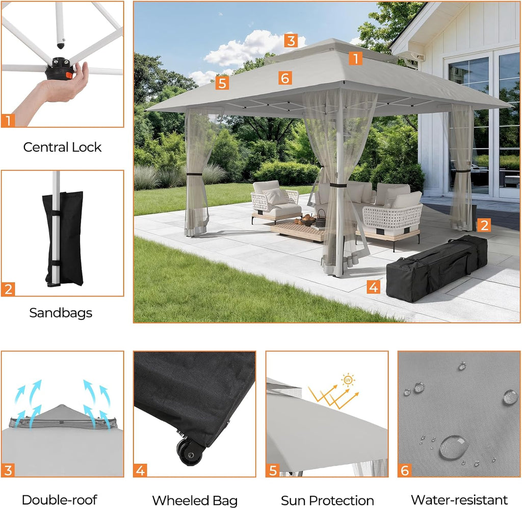 13x13 Pop Up Gazebo Outdoor Canopy Shelter with 4 Sandbags, Instant Patio Gazebo Sun Shade Canopy Tent, Double Tiers & Mesh Netting for Lawn, Garden, Backyard & Deck, Light Grey
