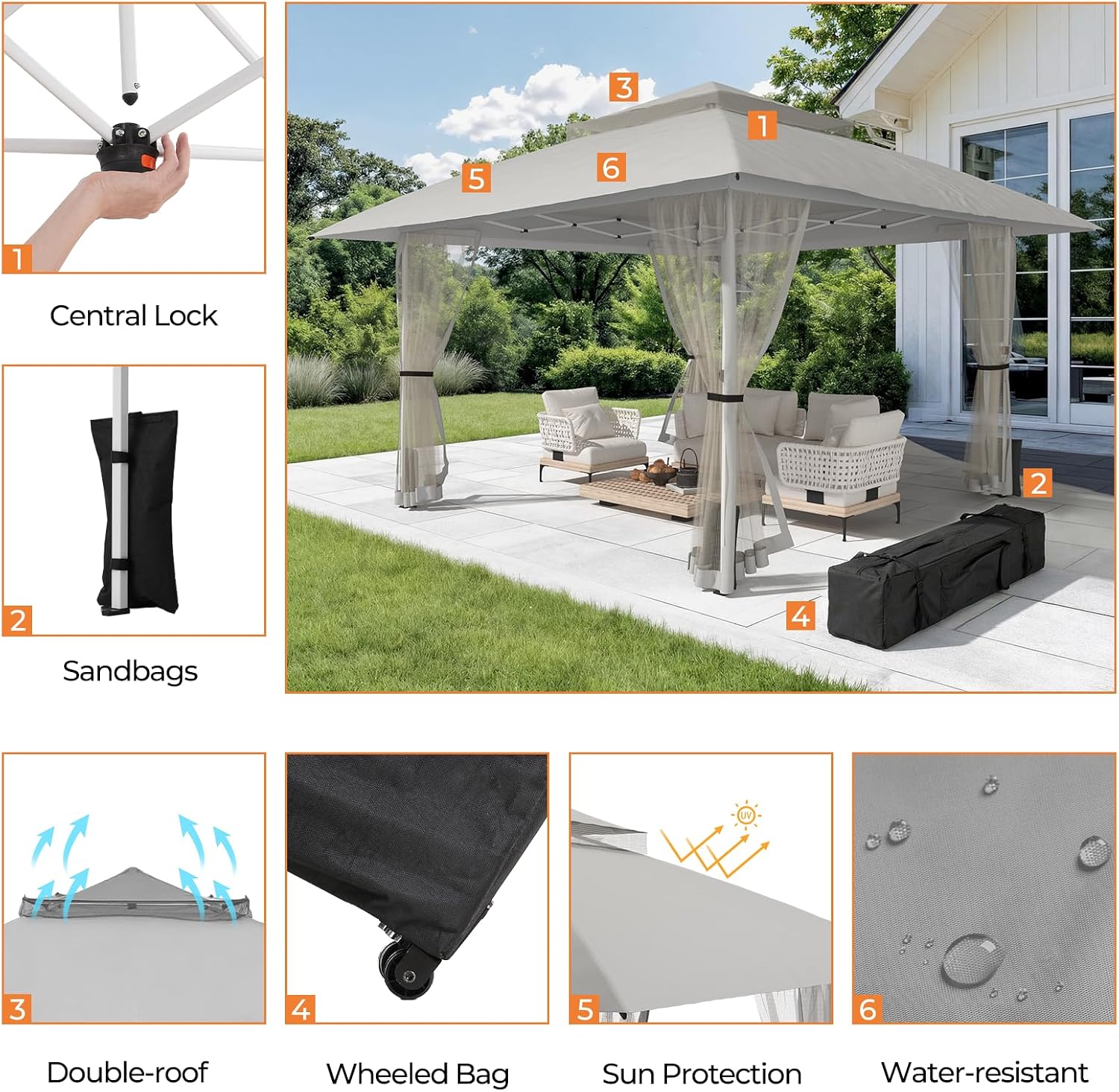 13x13 Pop Up Gazebo Outdoor Canopy Shelter with 4 Sandbags, Instant Patio Gazebo Sun Shade Canopy Tent, Double Tiers & Mesh Netting for Lawn, Garden, Backyard & Deck, Light Grey