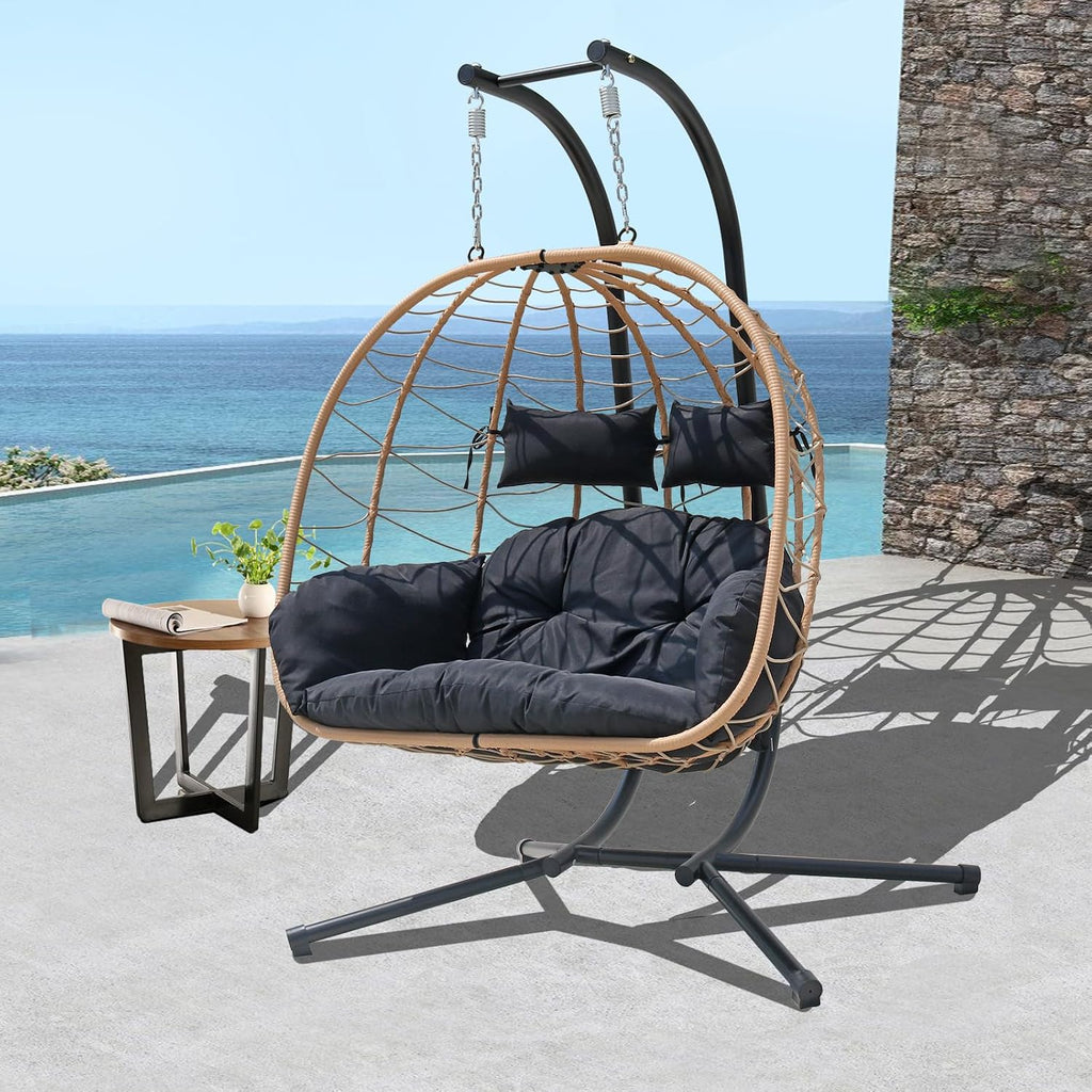 Double Egg Chair Outdoor, 2 Person Hanging Egg Chair with Stand, Patio Wicker Egg Swing Chair for Garden, Backyard, Balcony, 600Lbs Heavy Duty (BR-BL)